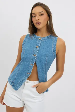 Denim High Neck Vest
