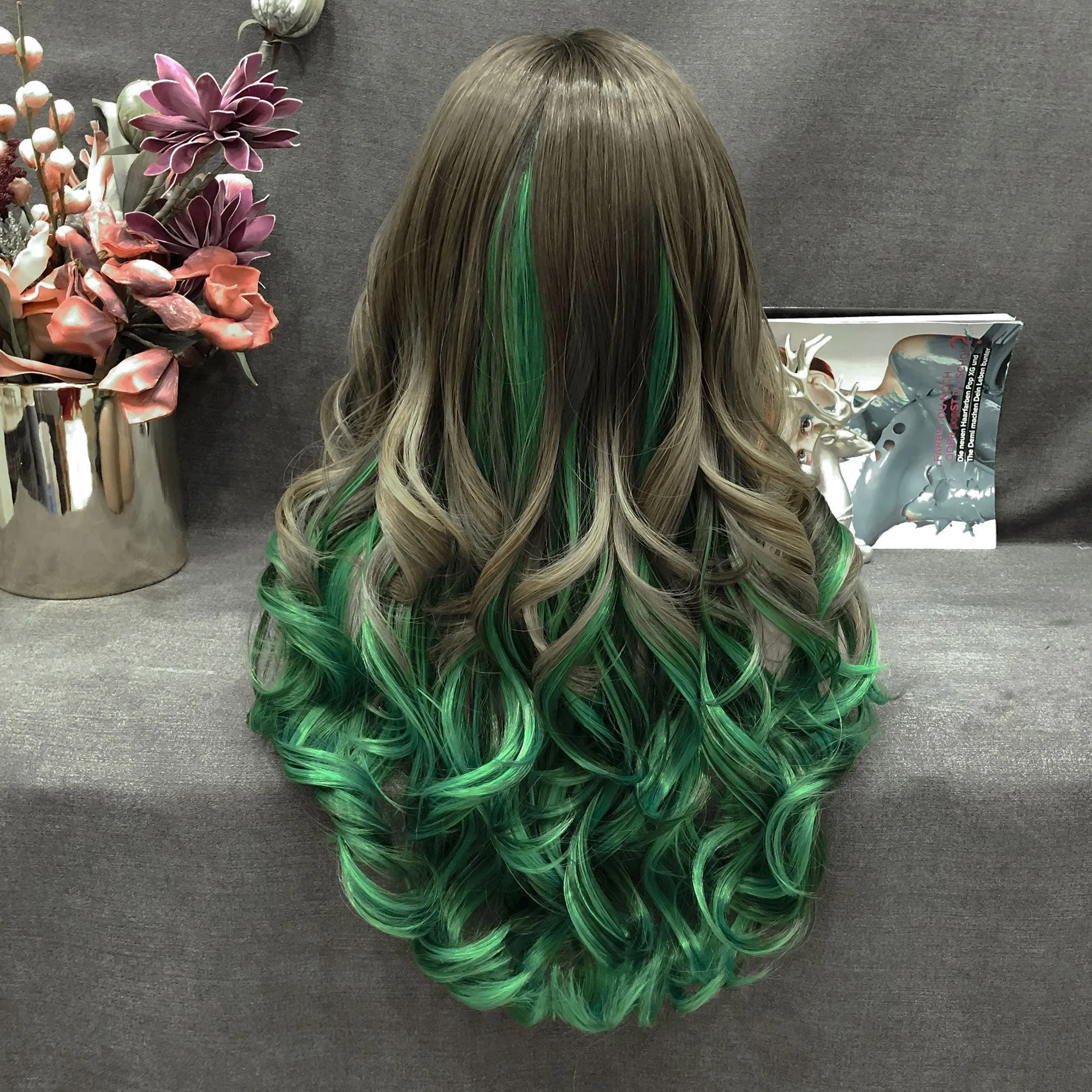 Duchess - Brown And Green Ombre Long Wavy Syntetic Lace Front Wig