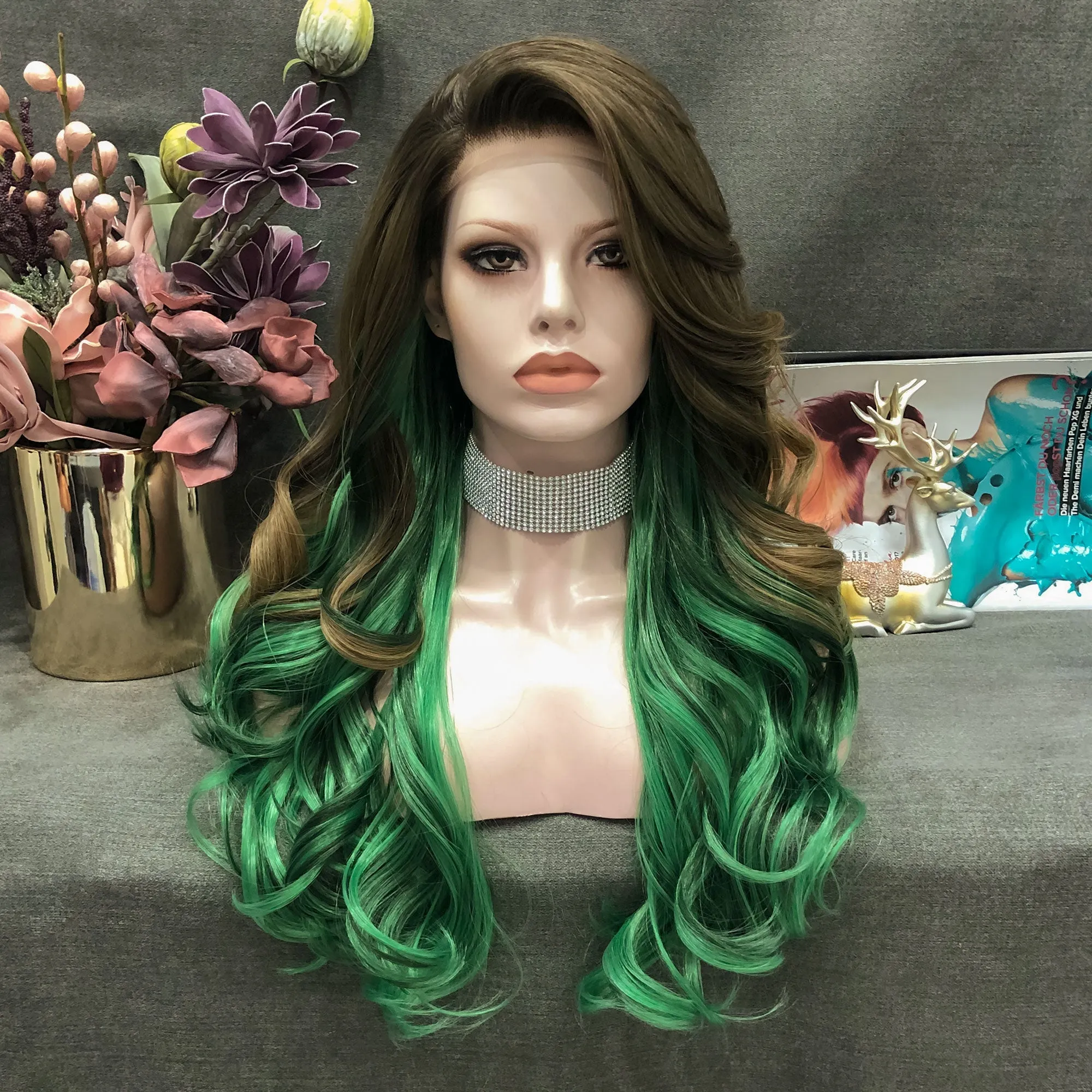Duchess - Brown And Green Ombre Long Wavy Syntetic Lace Front Wig