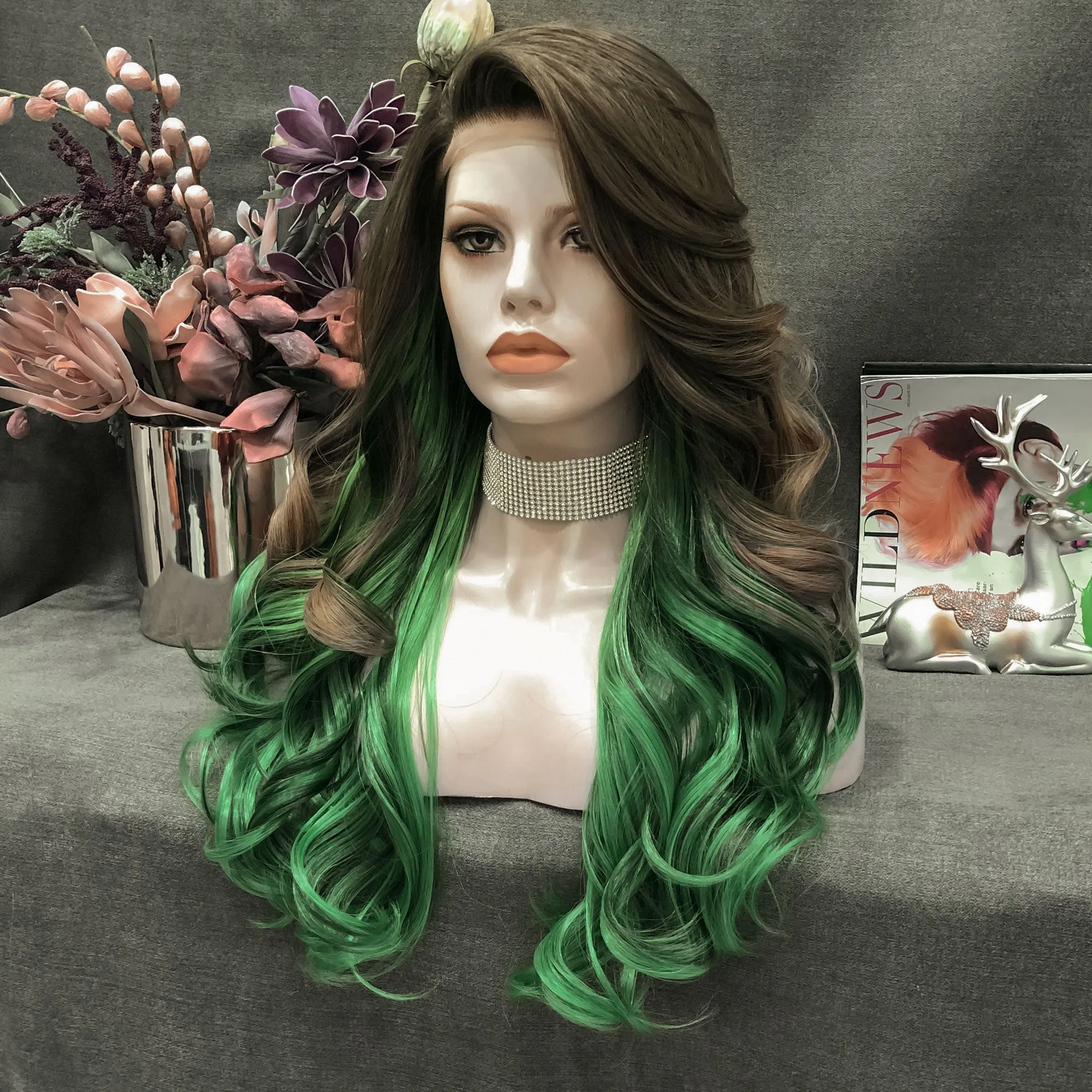 Duchess - Brown And Green Ombre Long Wavy Syntetic Lace Front Wig