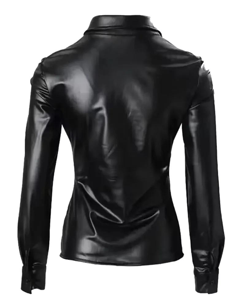 Faux Leather Button Front Shirt For Women