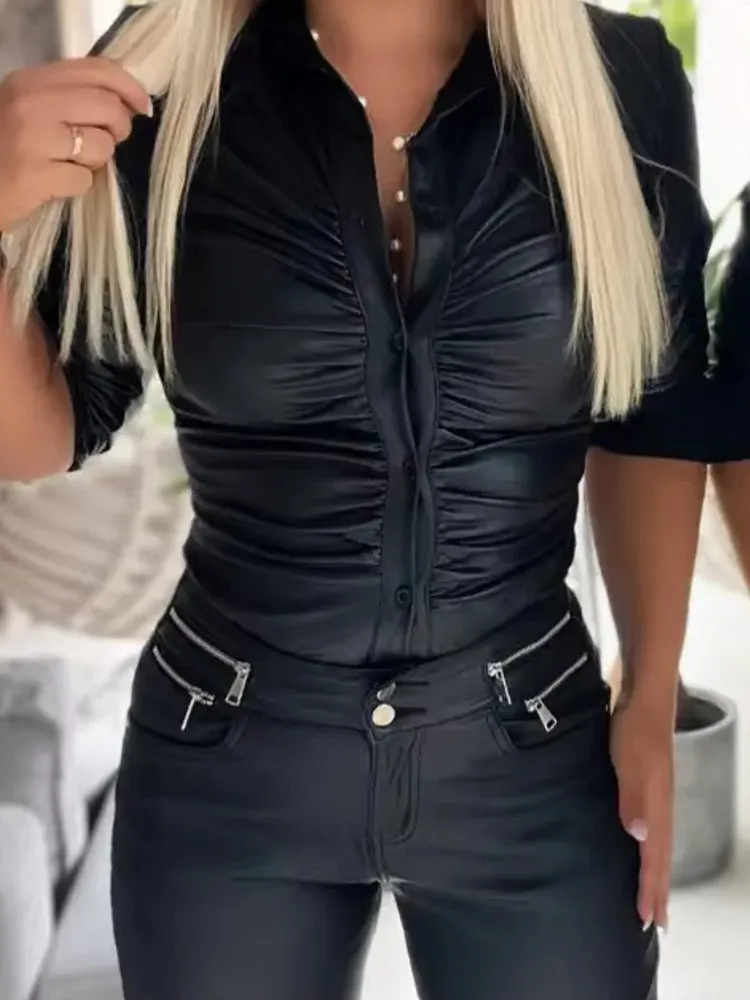 Faux Leather Button Front Shirt For Women