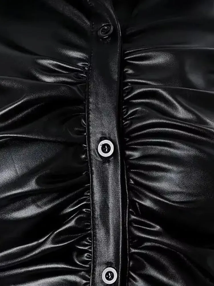 Faux Leather Button Front Shirt For Women