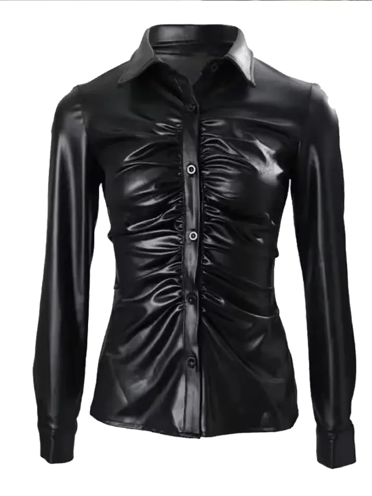 Faux Leather Button Front Shirt For Women
