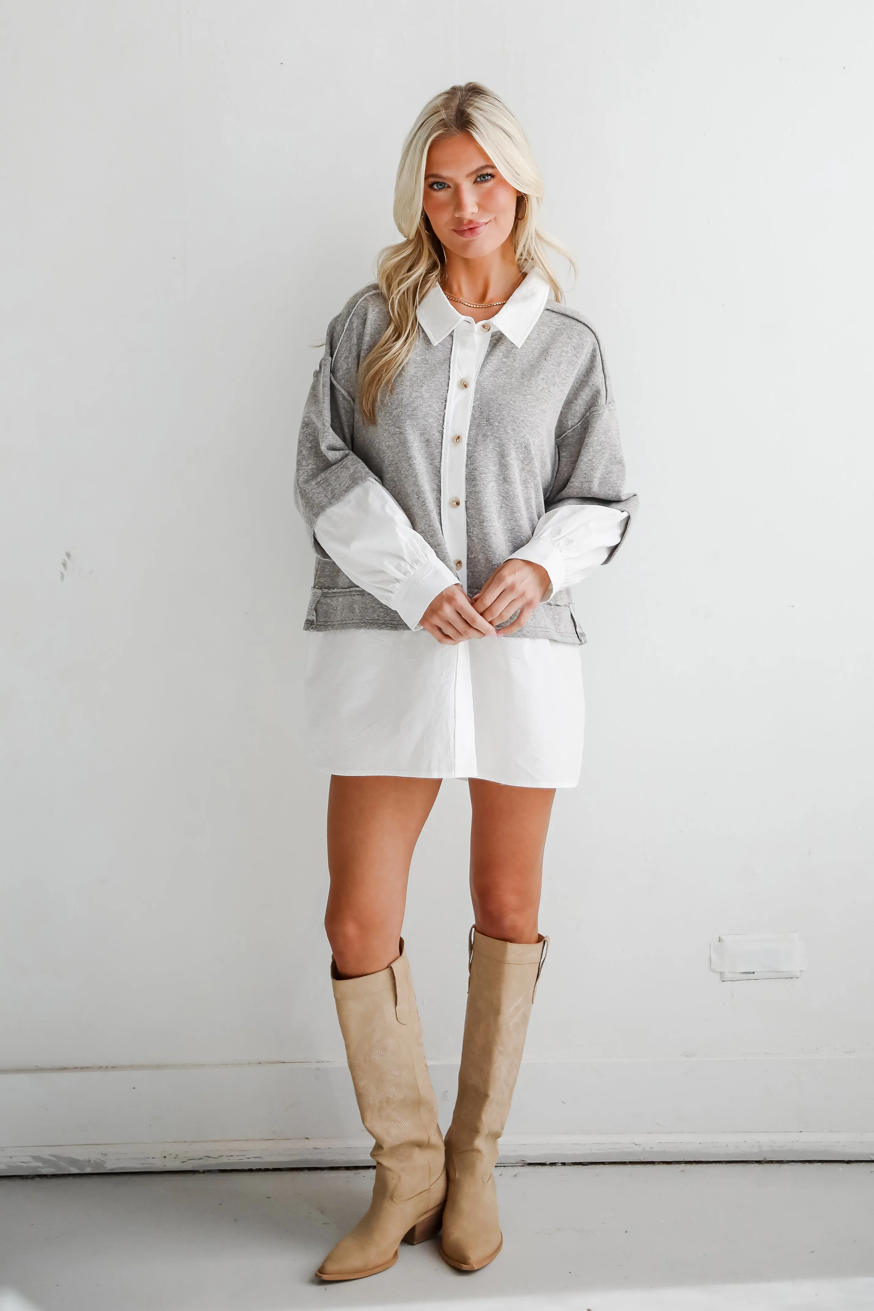 FINAL SALE - Brilliant Cutie Heather Grey Contrast Blouse