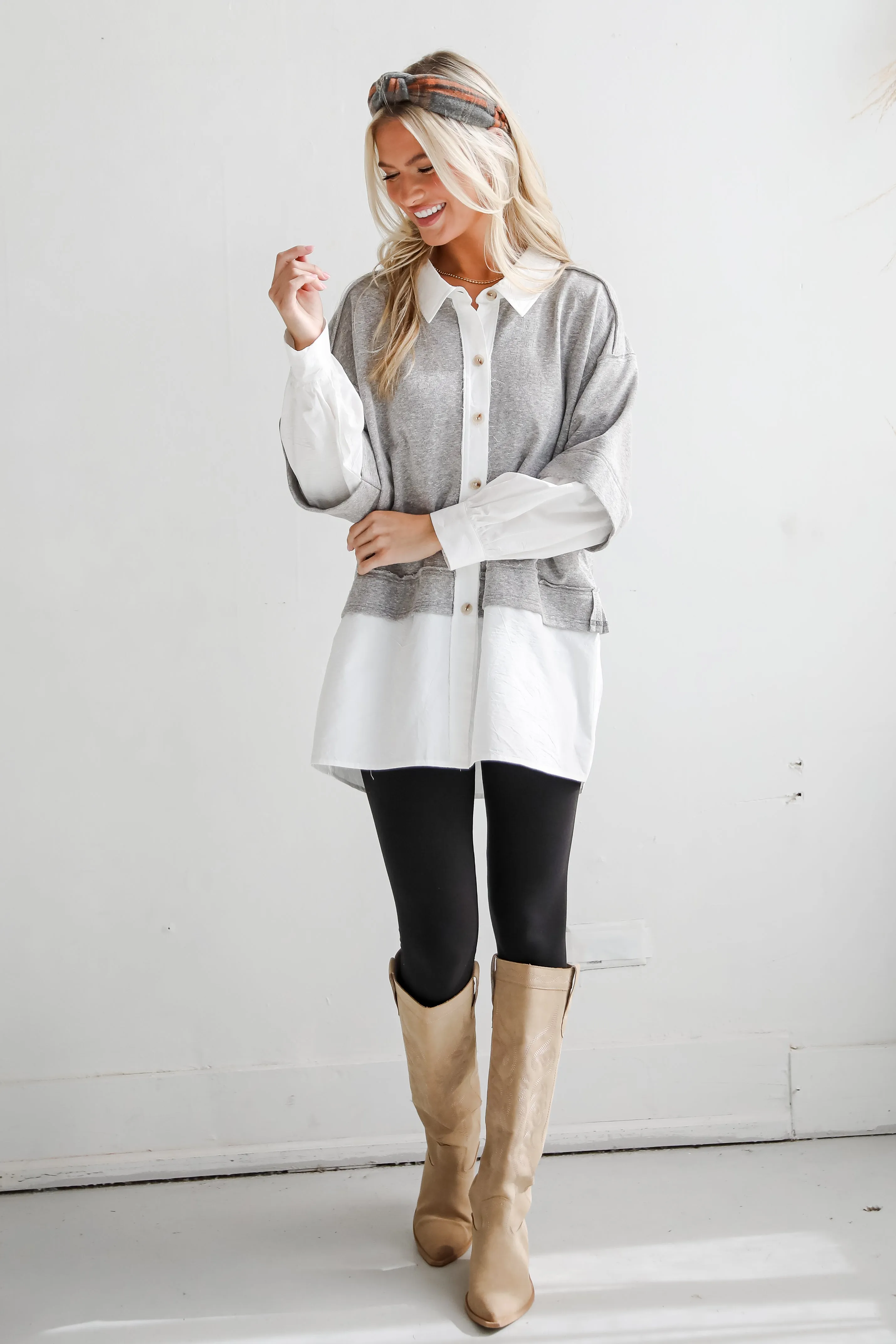 FINAL SALE - Brilliant Cutie Heather Grey Contrast Blouse