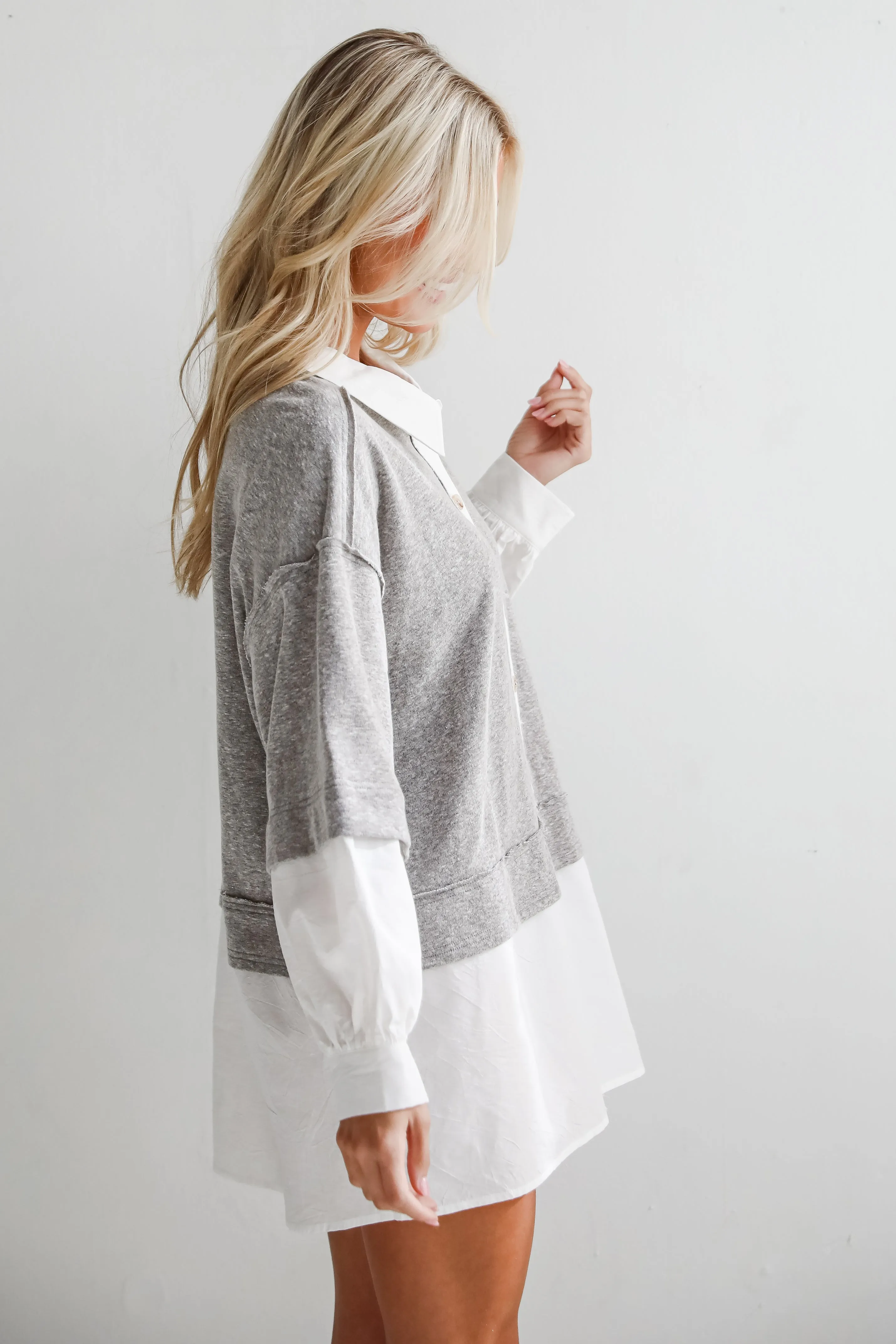 FINAL SALE - Brilliant Cutie Heather Grey Contrast Blouse
