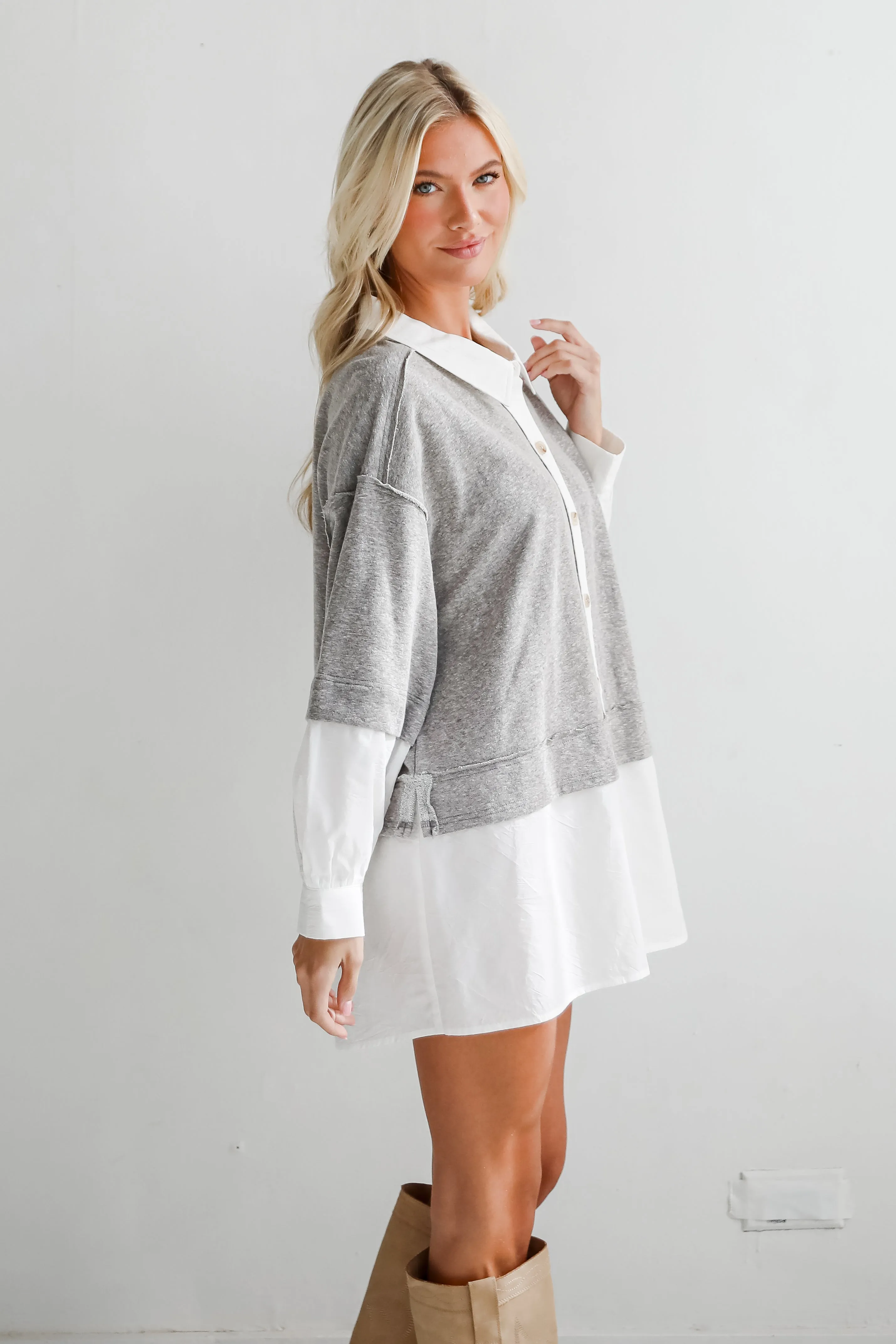 FINAL SALE - Brilliant Cutie Heather Grey Contrast Blouse