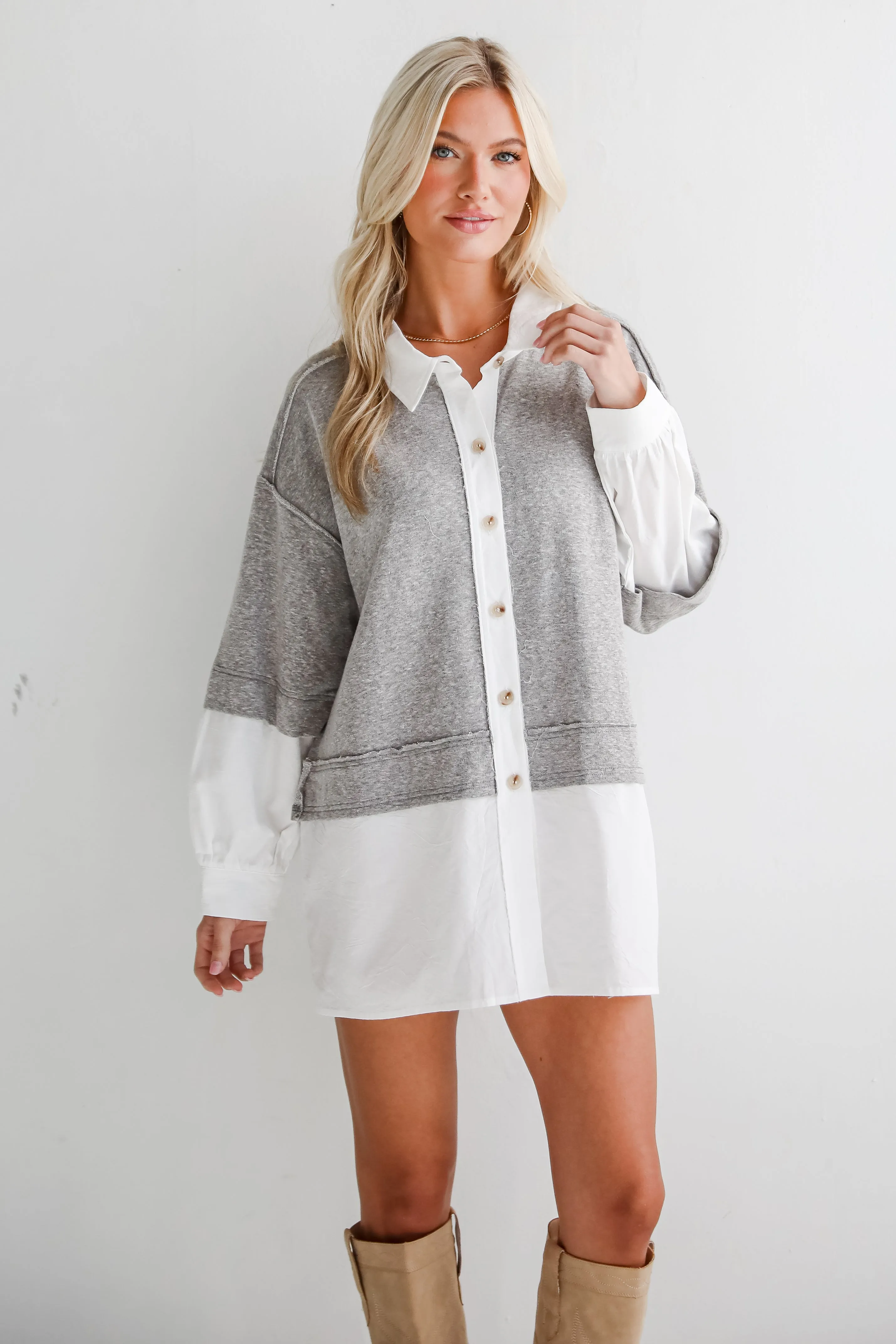 FINAL SALE - Brilliant Cutie Heather Grey Contrast Blouse