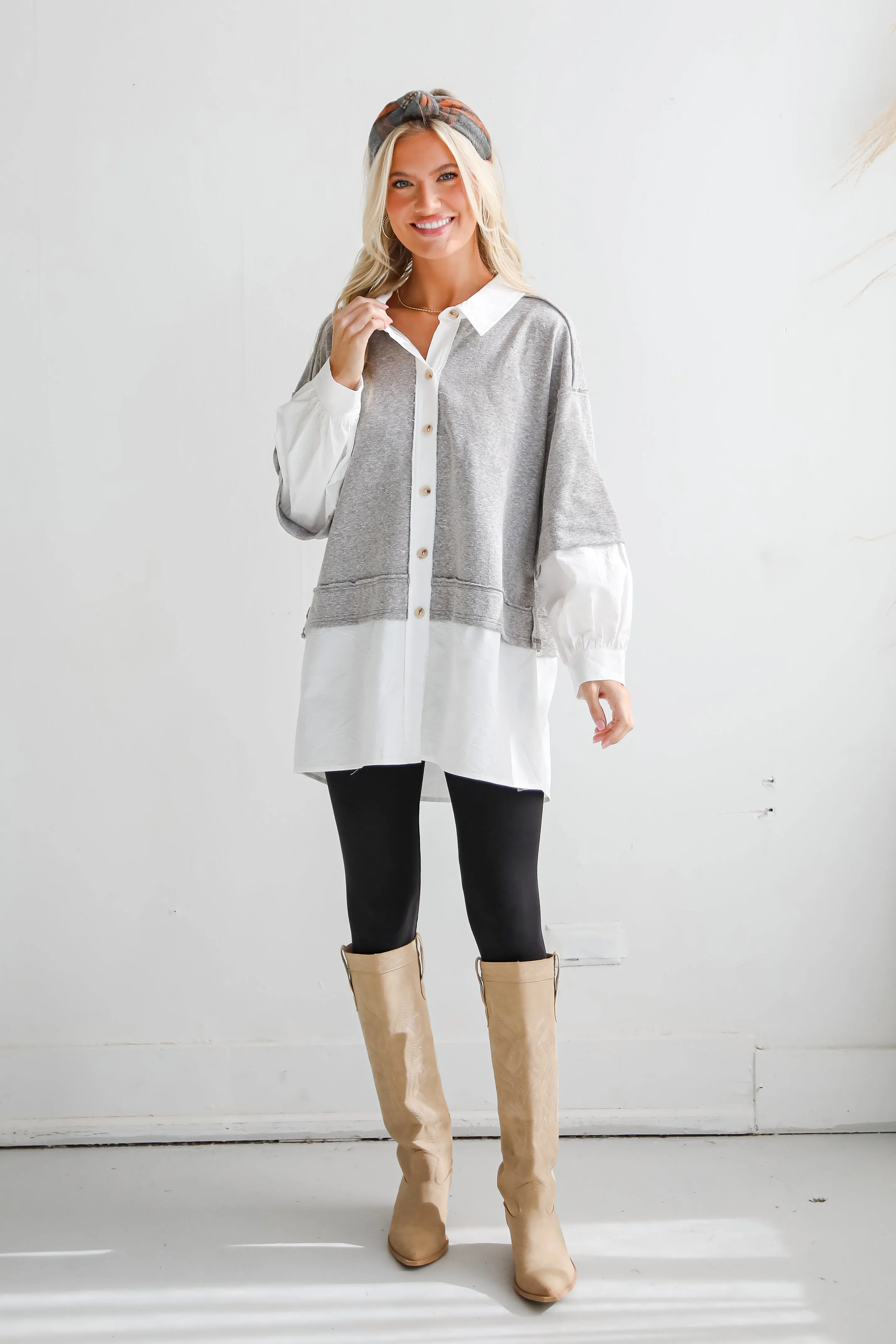 FINAL SALE - Brilliant Cutie Heather Grey Contrast Blouse