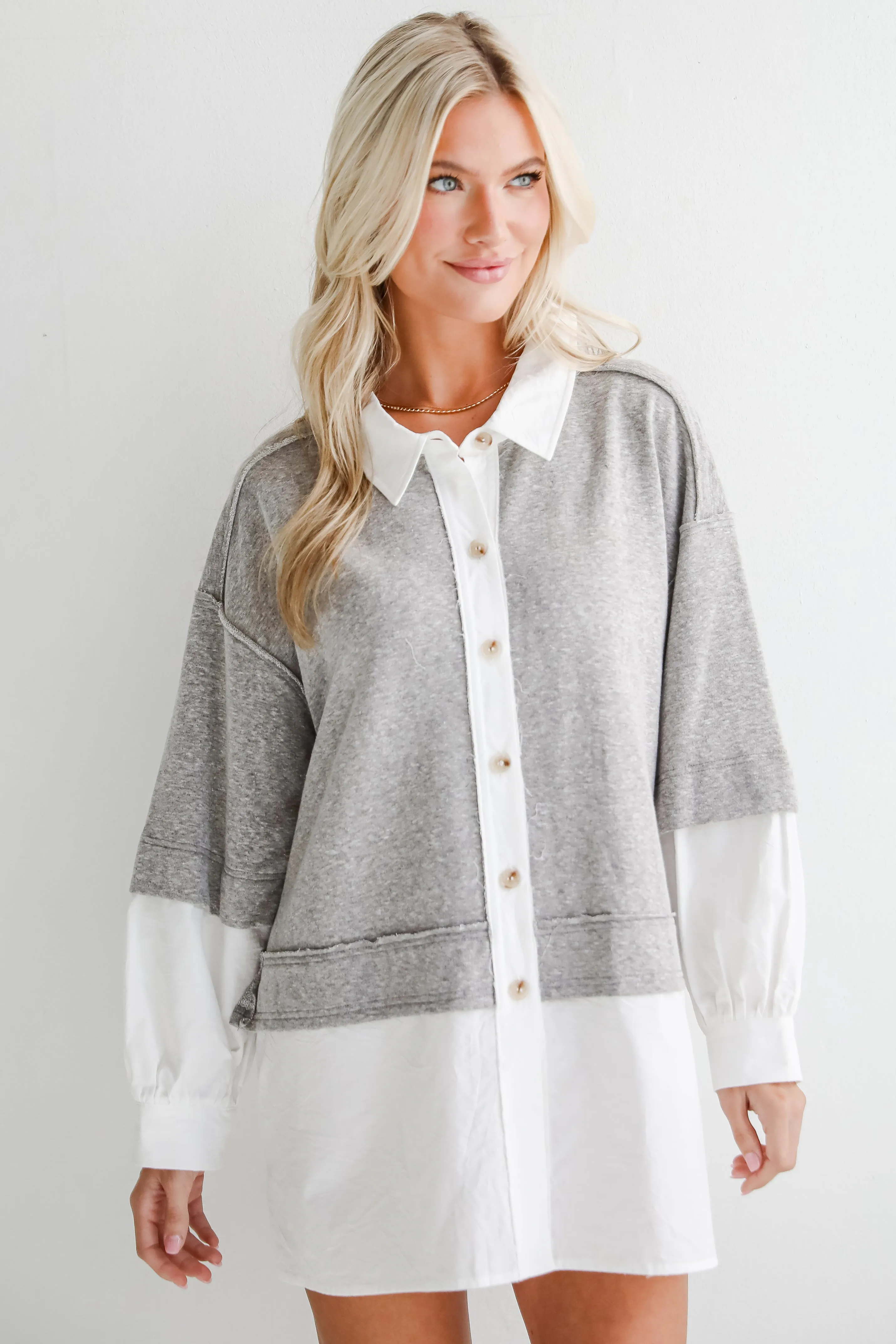 FINAL SALE - Brilliant Cutie Heather Grey Contrast Blouse