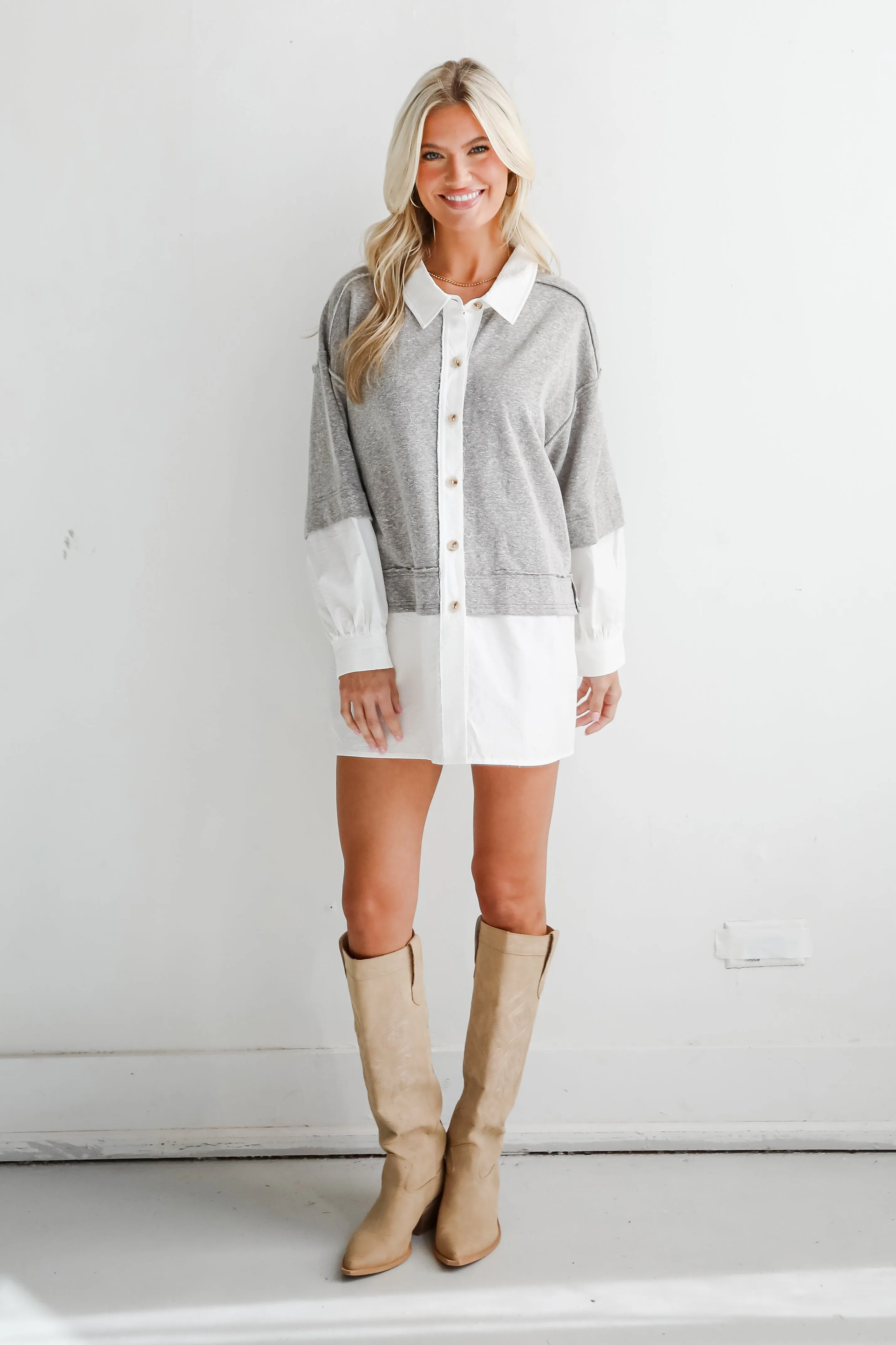 FINAL SALE - Brilliant Cutie Heather Grey Contrast Blouse