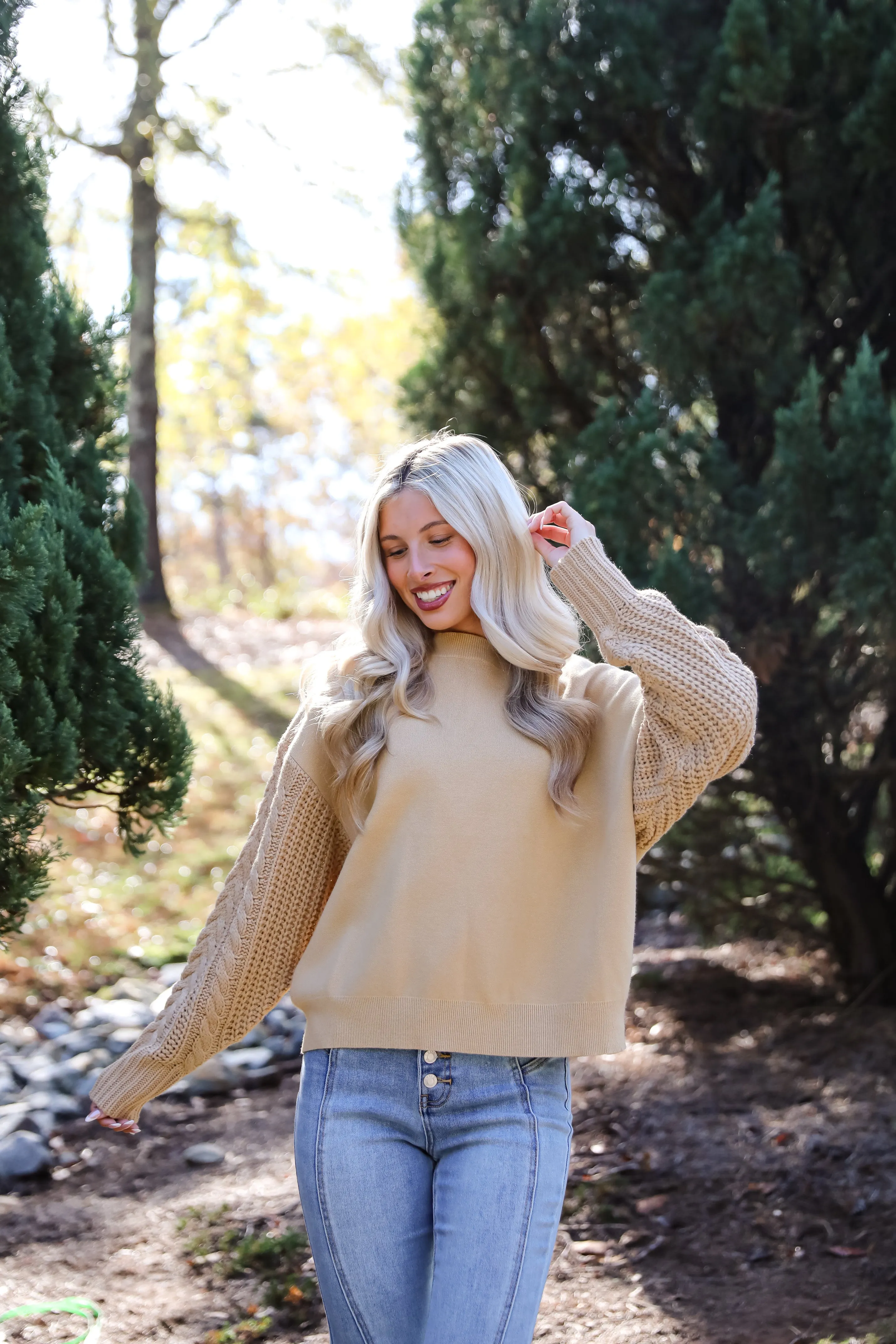 FINAL SALE - Cabin Cues Taupe Cable Knit Sleeve Sweater