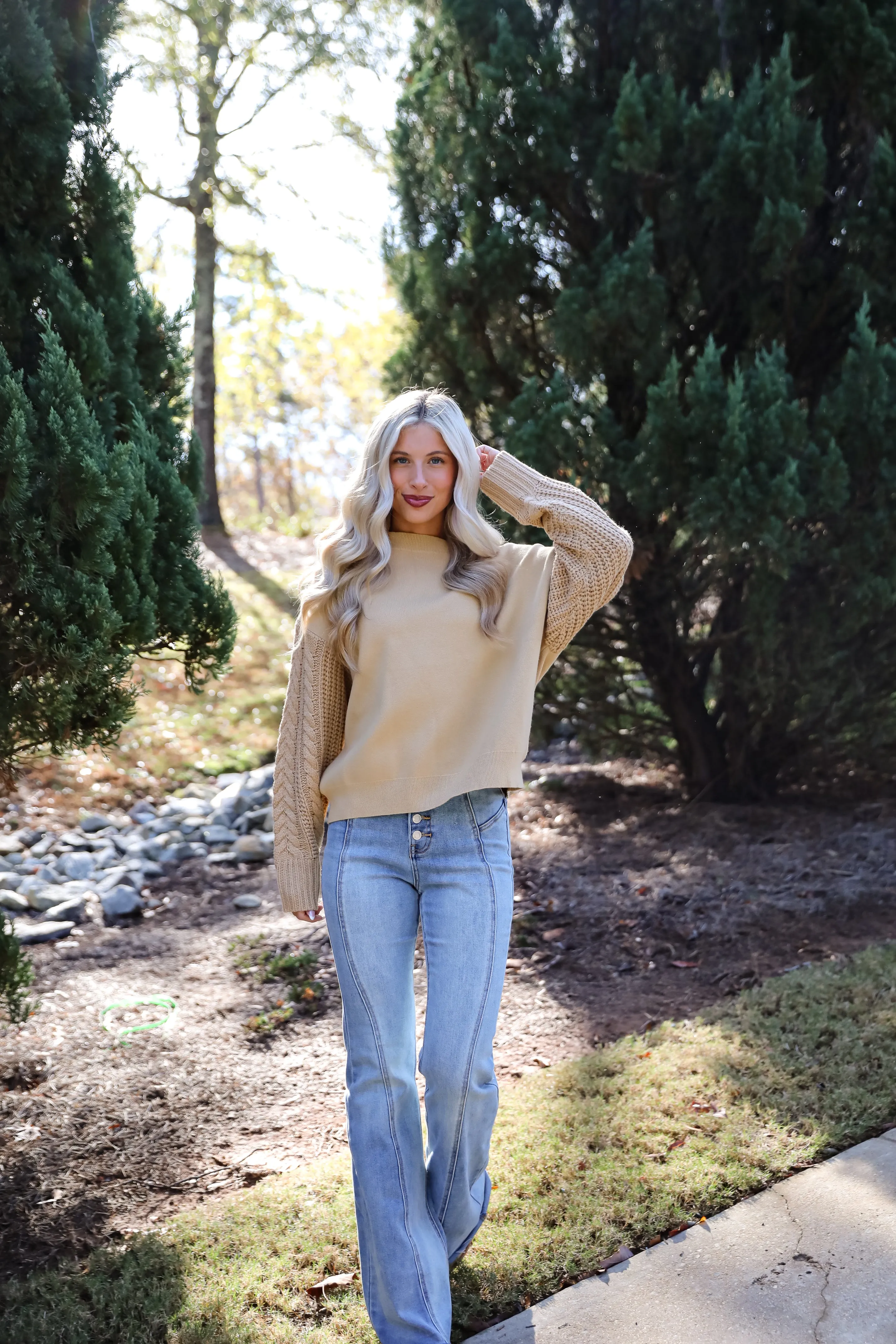 FINAL SALE - Cabin Cues Taupe Cable Knit Sleeve Sweater