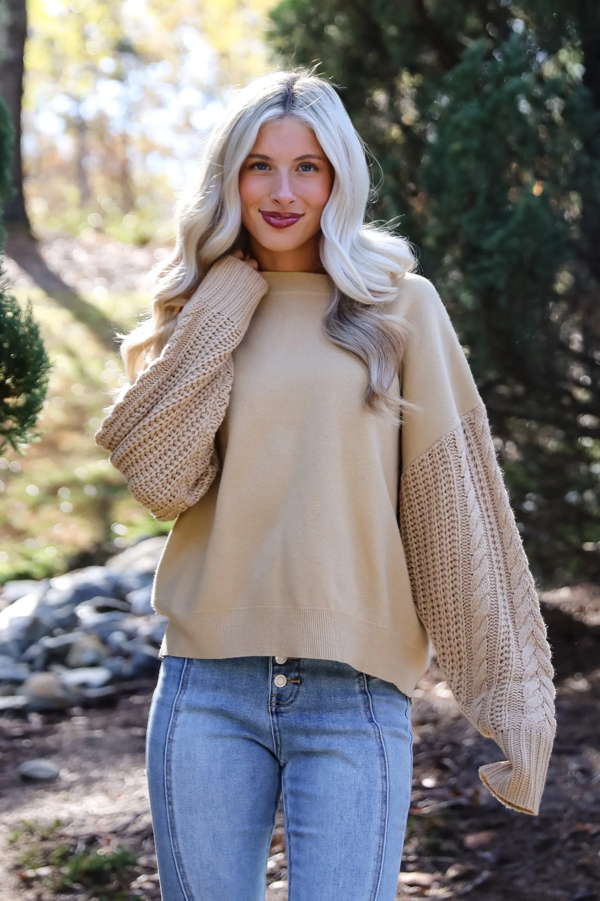 FINAL SALE - Cabin Cues Taupe Cable Knit Sleeve Sweater