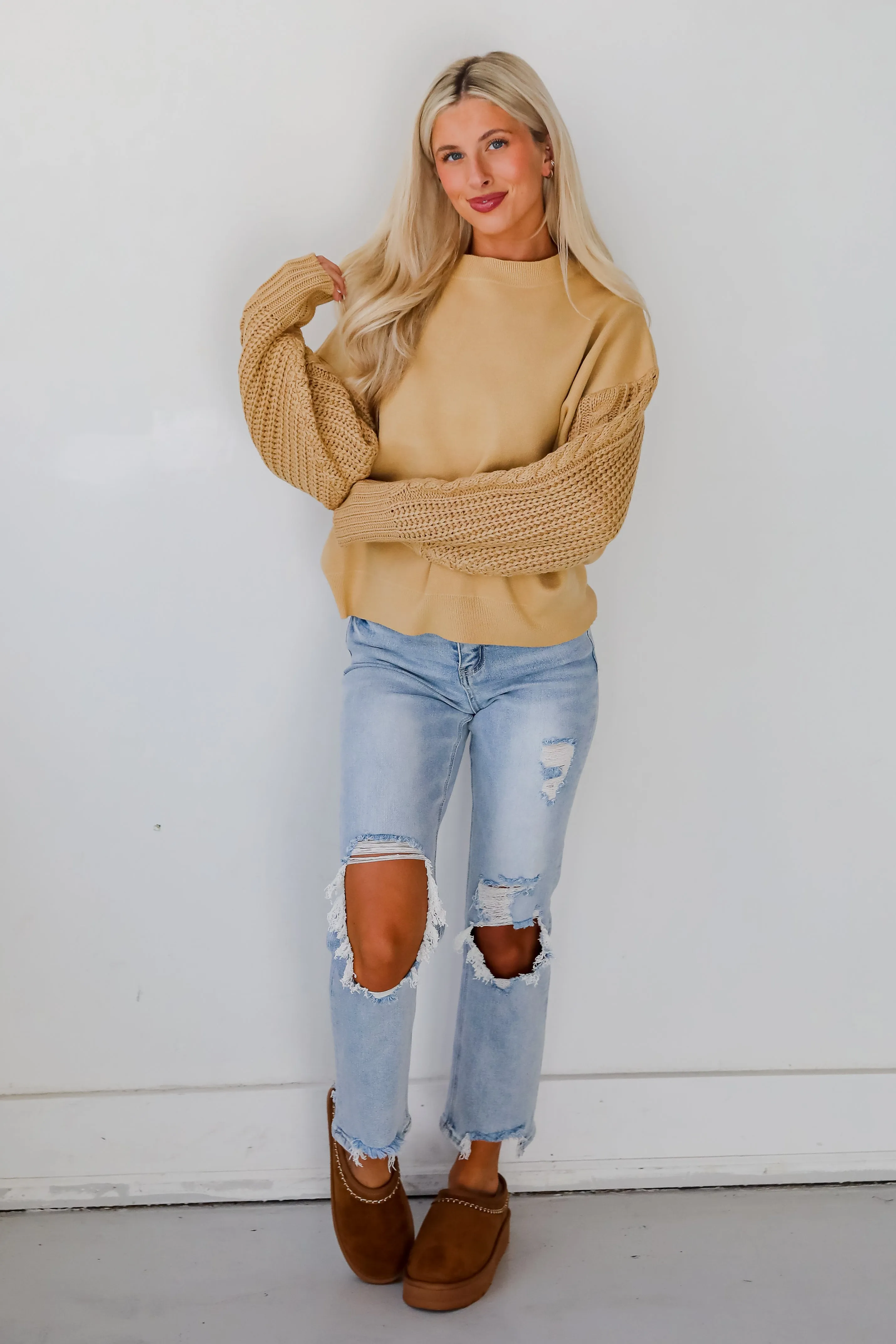 FINAL SALE - Cabin Cues Taupe Cable Knit Sleeve Sweater