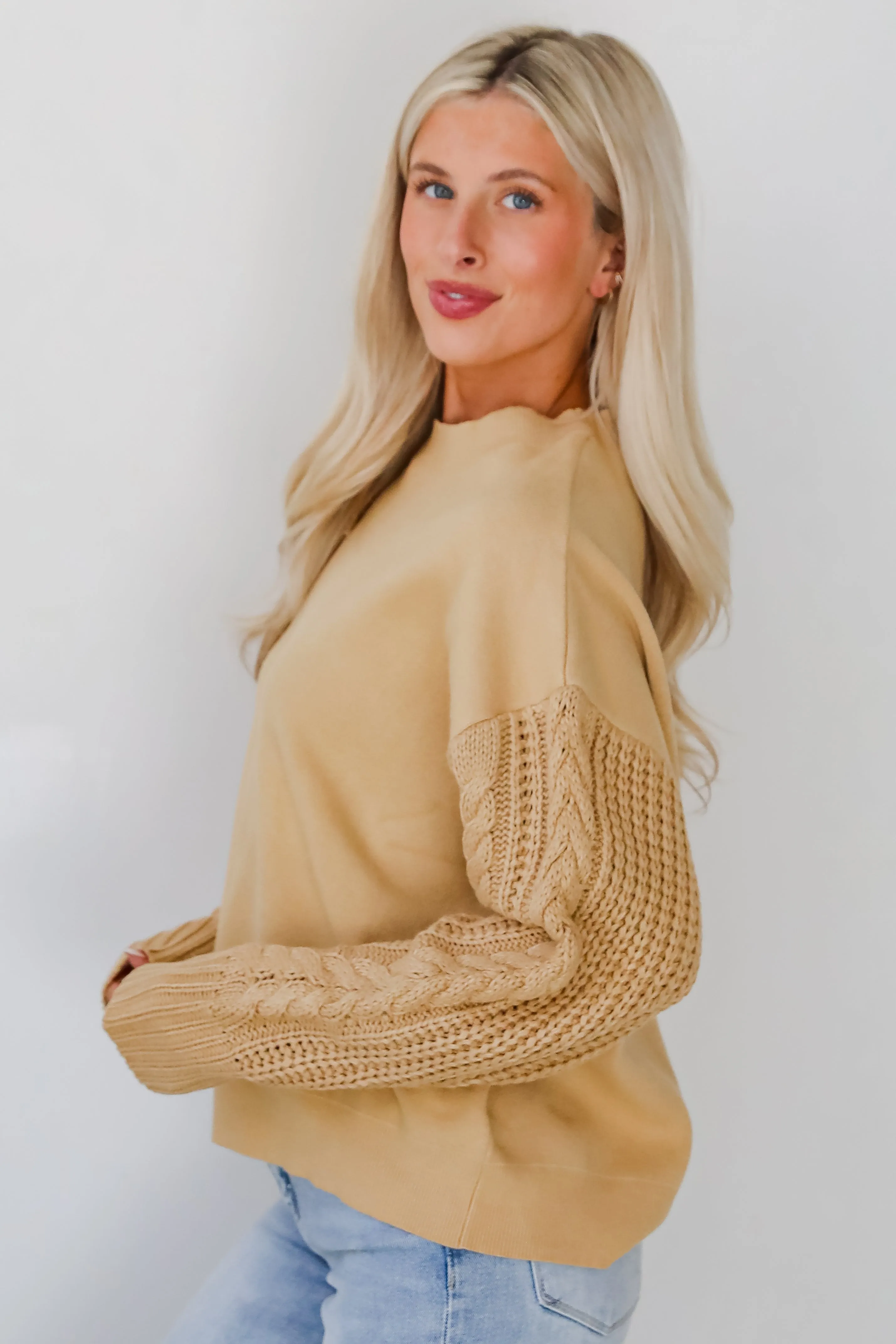 FINAL SALE - Cabin Cues Taupe Cable Knit Sleeve Sweater