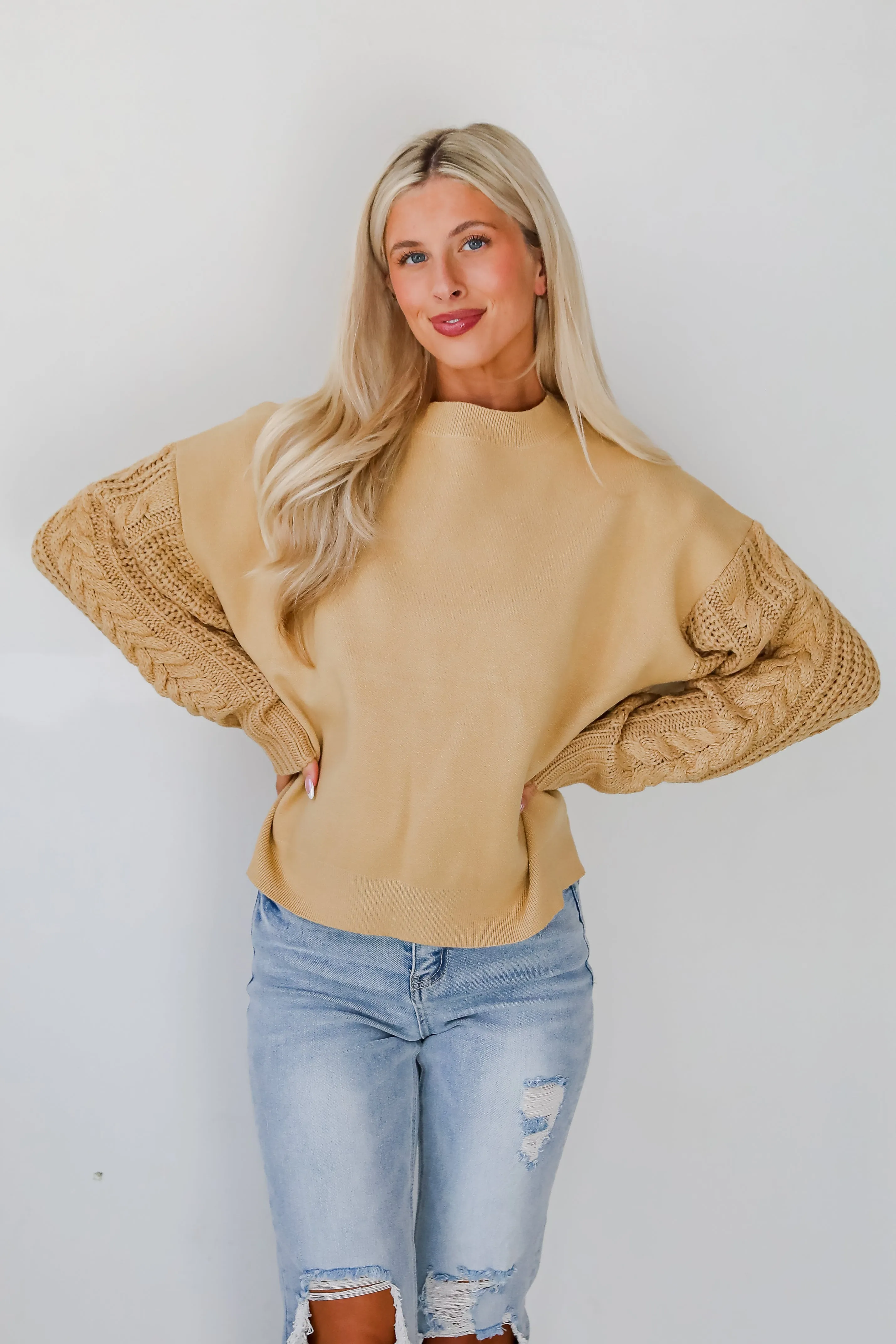 FINAL SALE - Cabin Cues Taupe Cable Knit Sleeve Sweater
