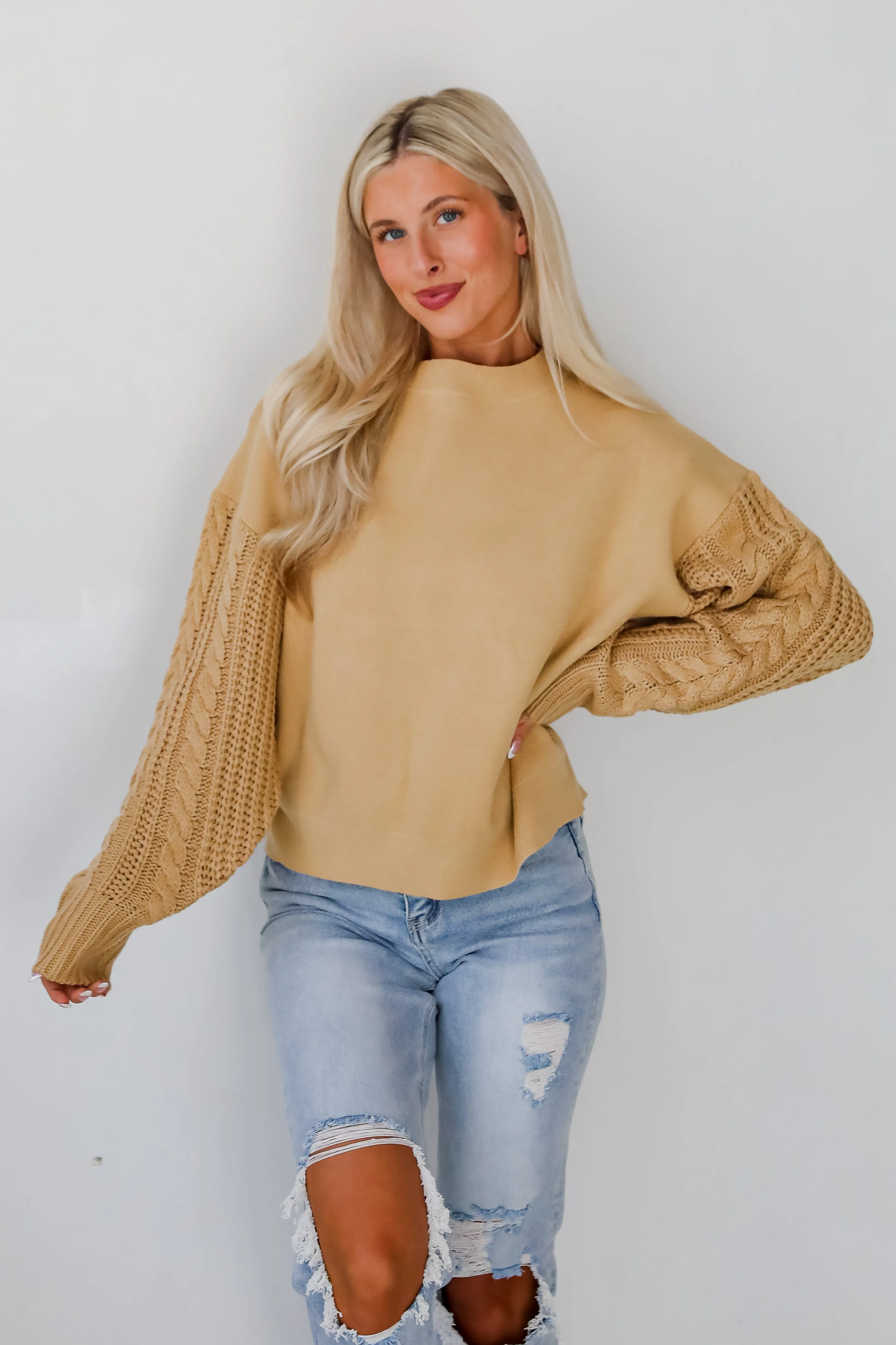 FINAL SALE - Cabin Cues Taupe Cable Knit Sleeve Sweater