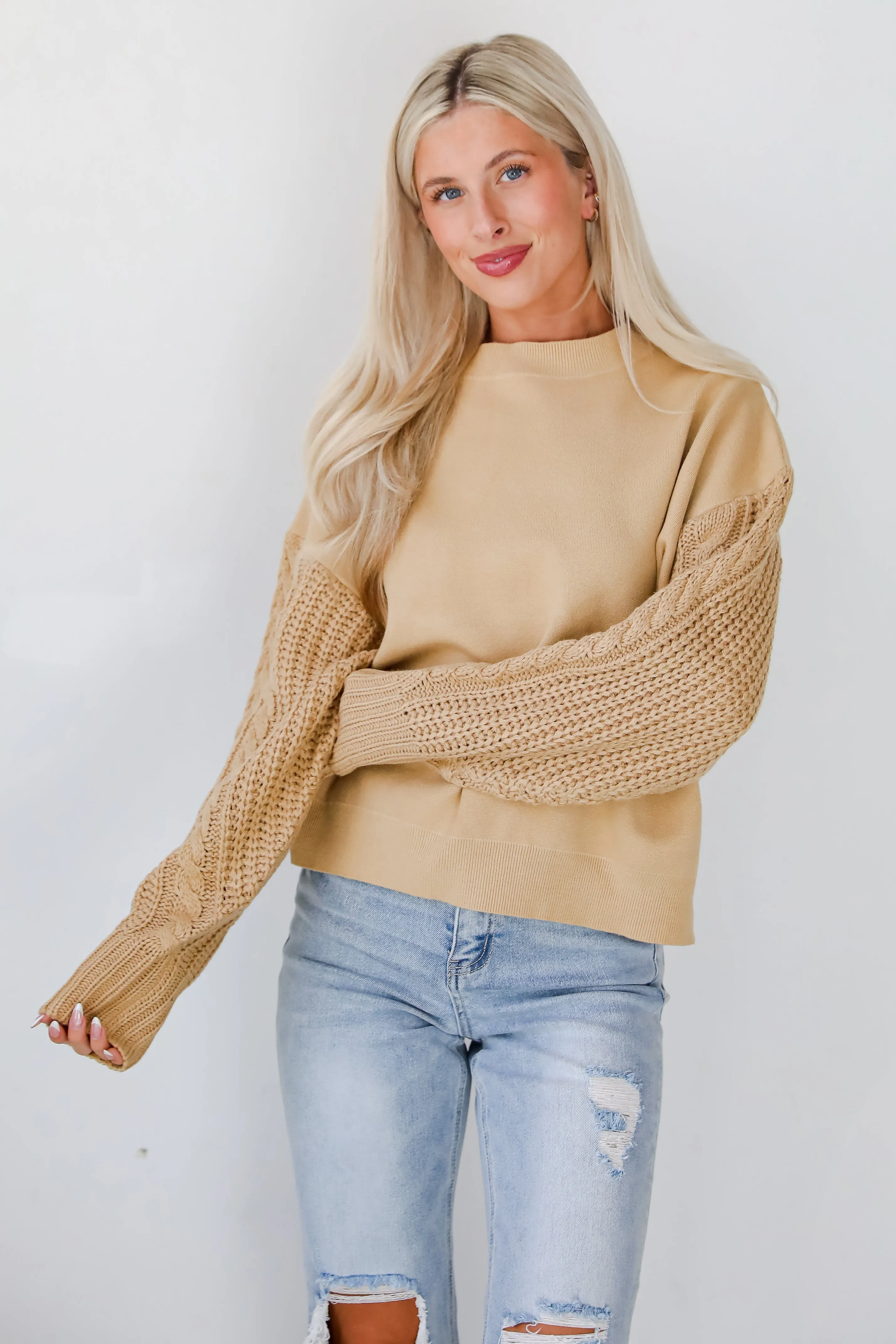 FINAL SALE - Cabin Cues Taupe Cable Knit Sleeve Sweater