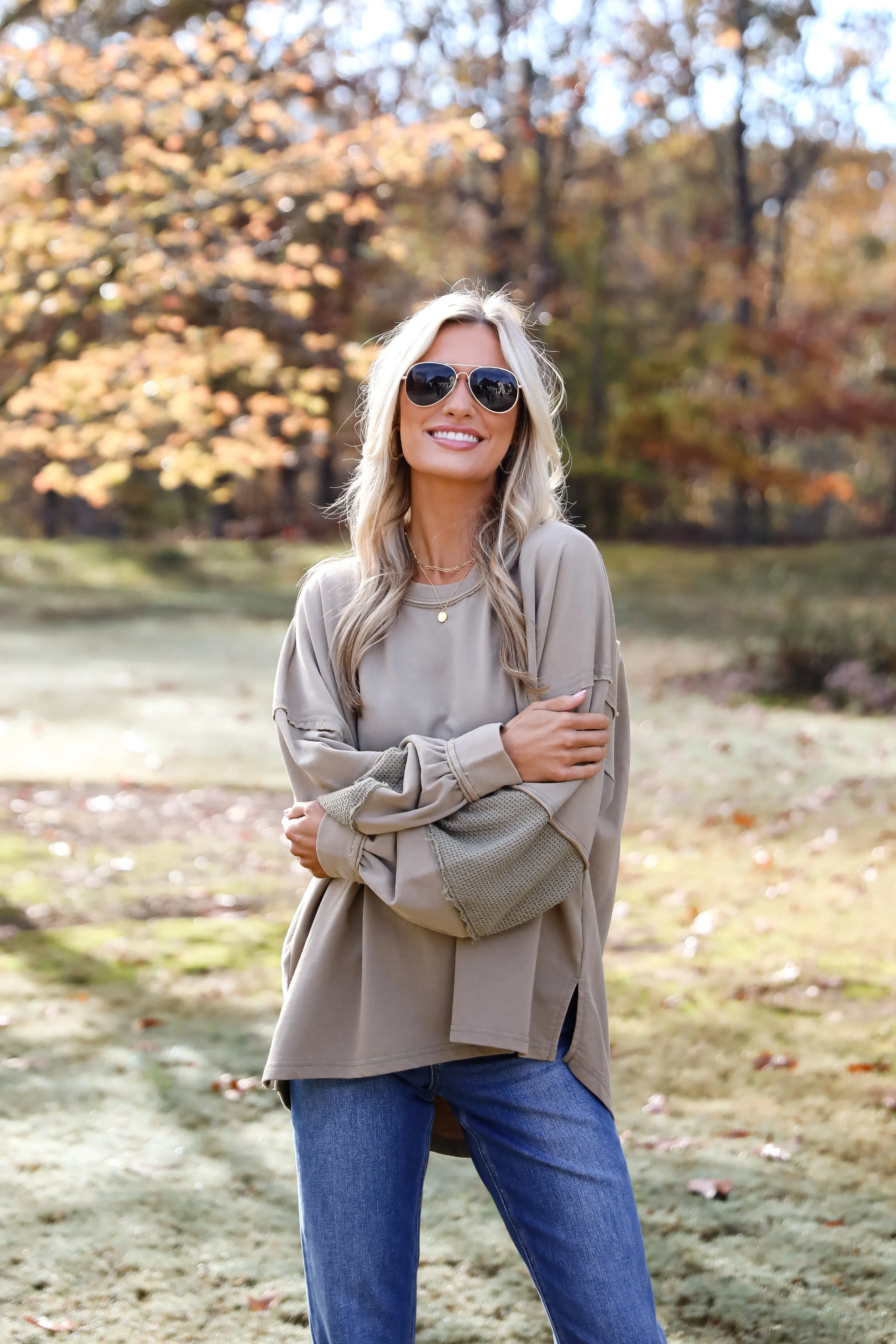 FINAL SALE - Casual Allure Olive Contrast Sleeve Top