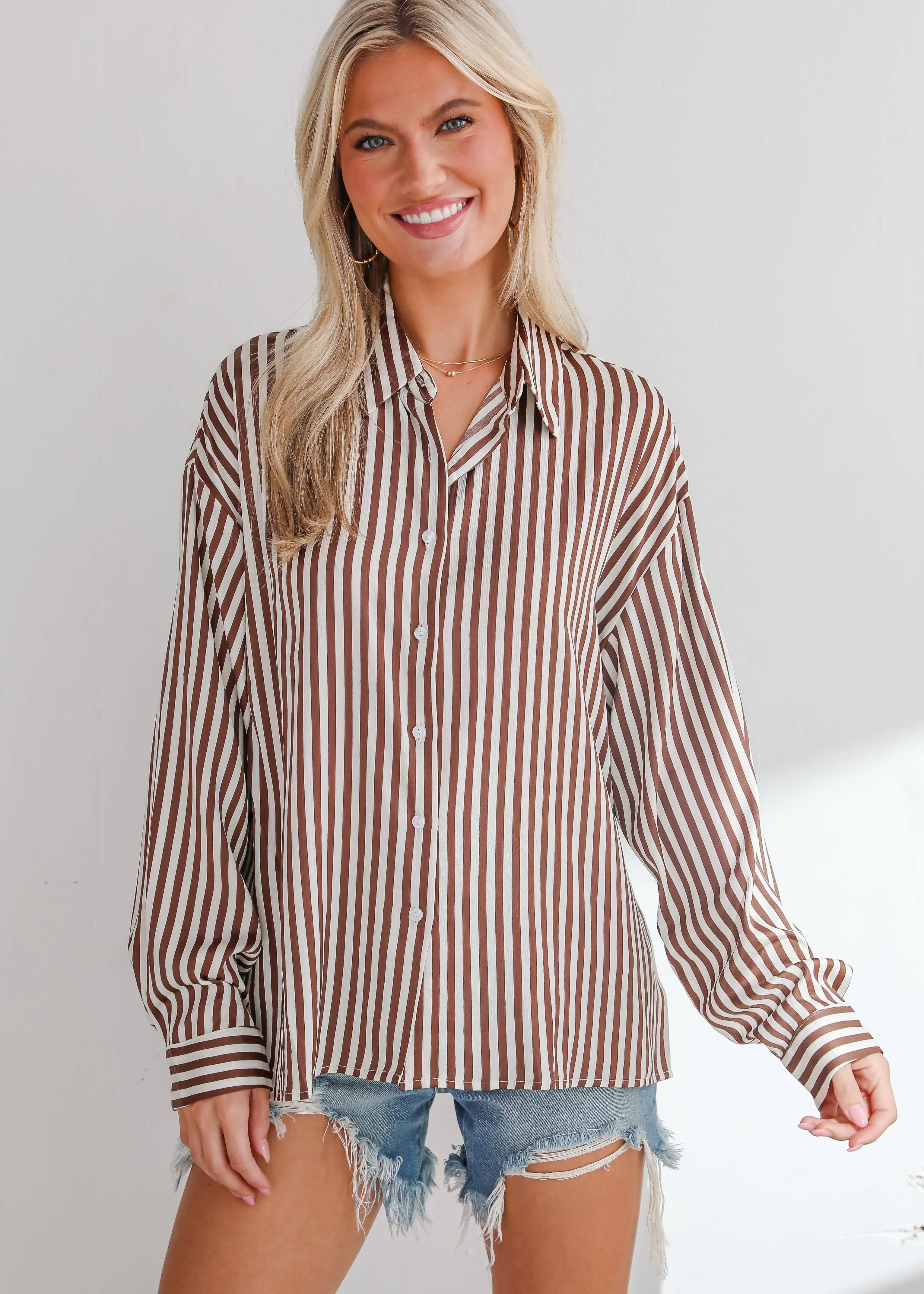 FINAL SALE - Composed Essence Satin Striped Button-Up Blouse