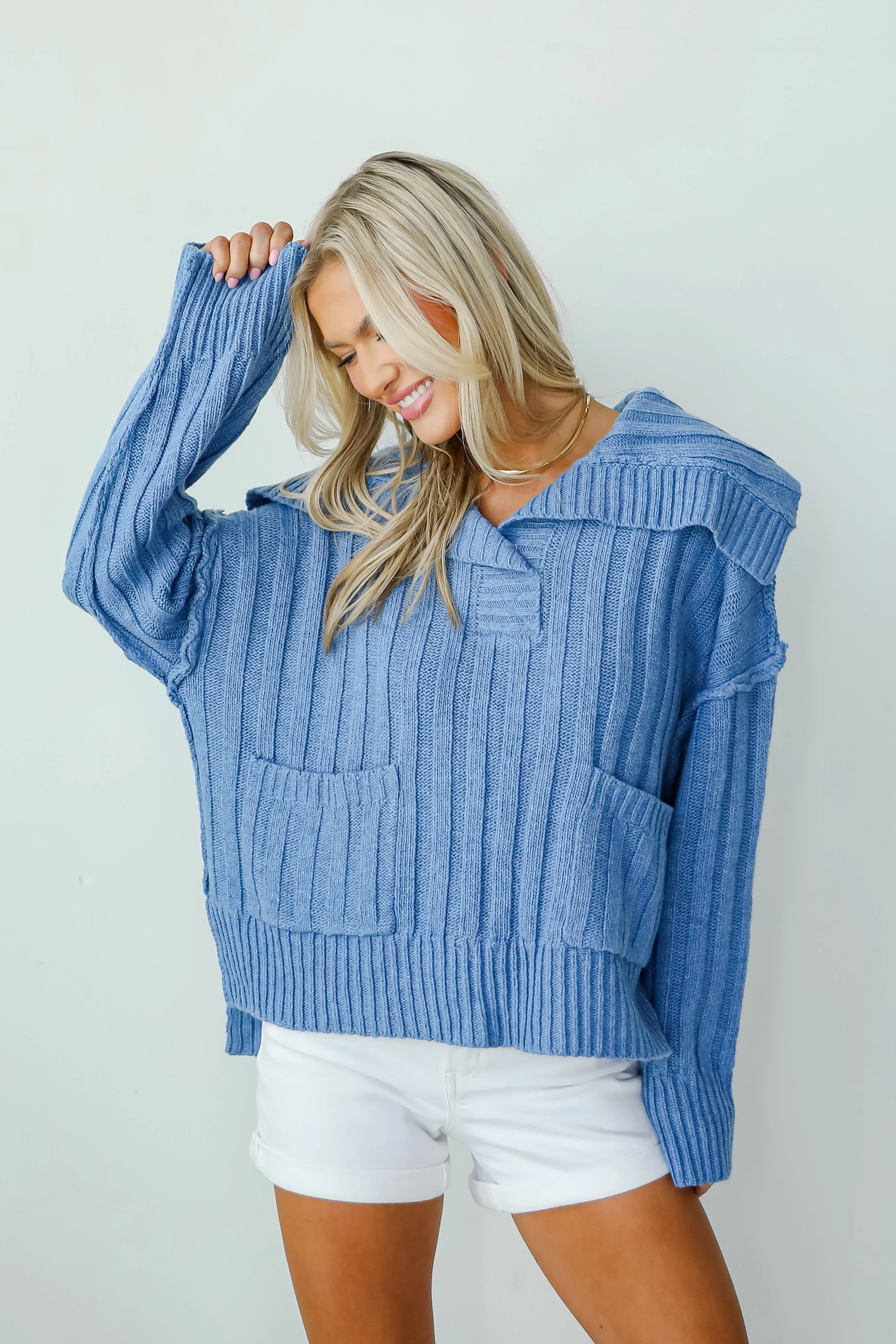 FINAL SALE - Happy Aesthetic Blue Collared Sweater