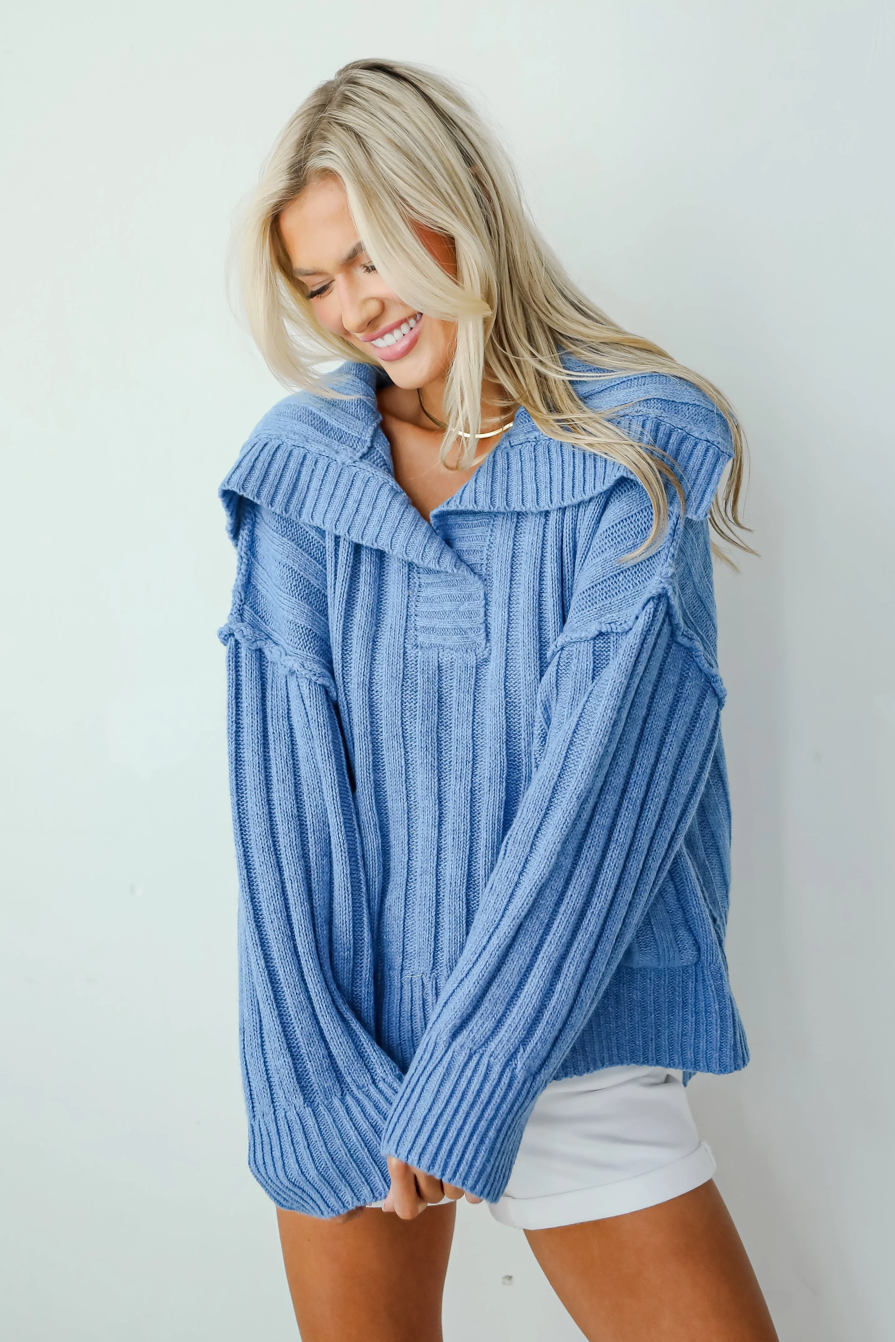 FINAL SALE - Happy Aesthetic Blue Collared Sweater