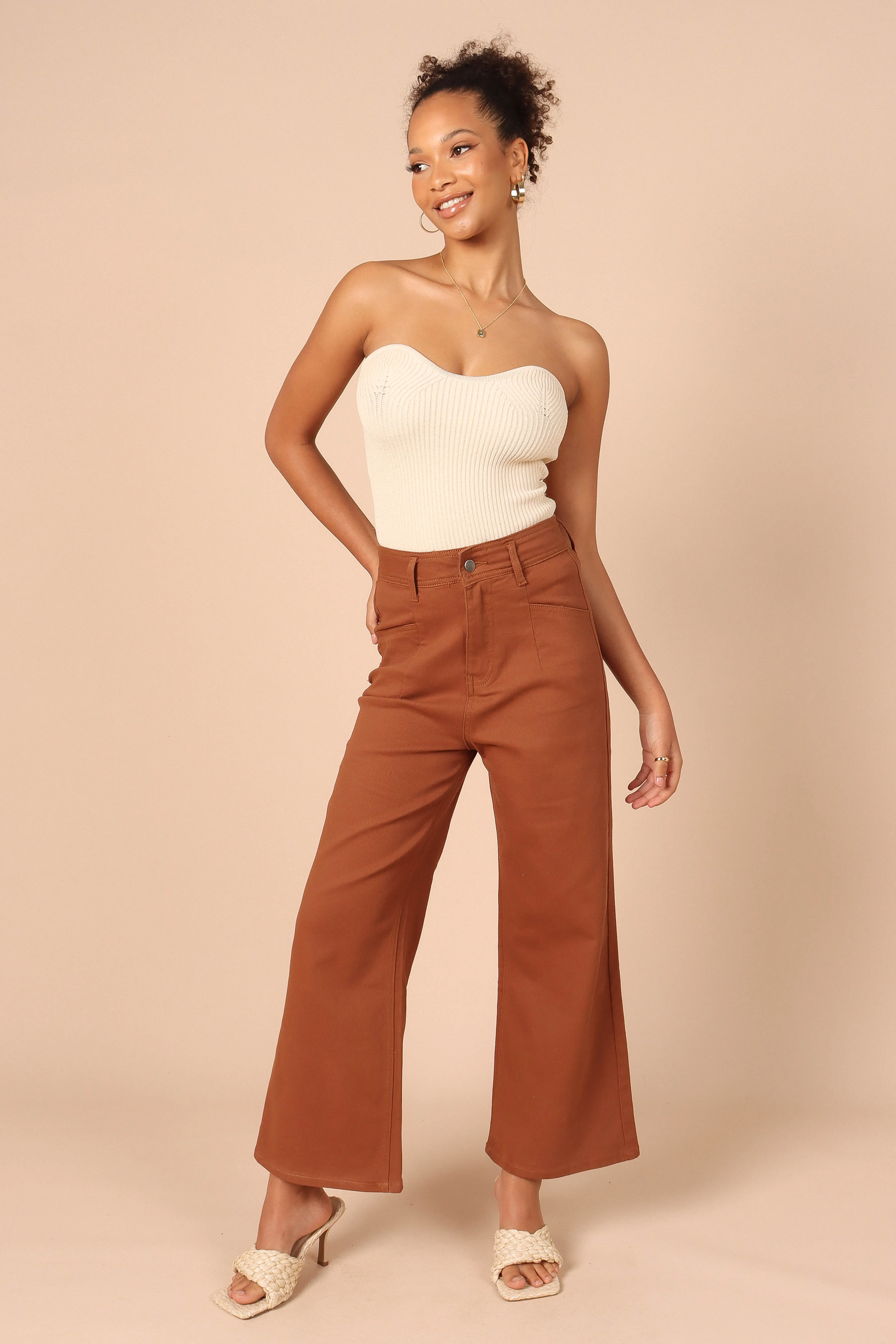 Georgette High Waisted Straight Leg Pants - Brown