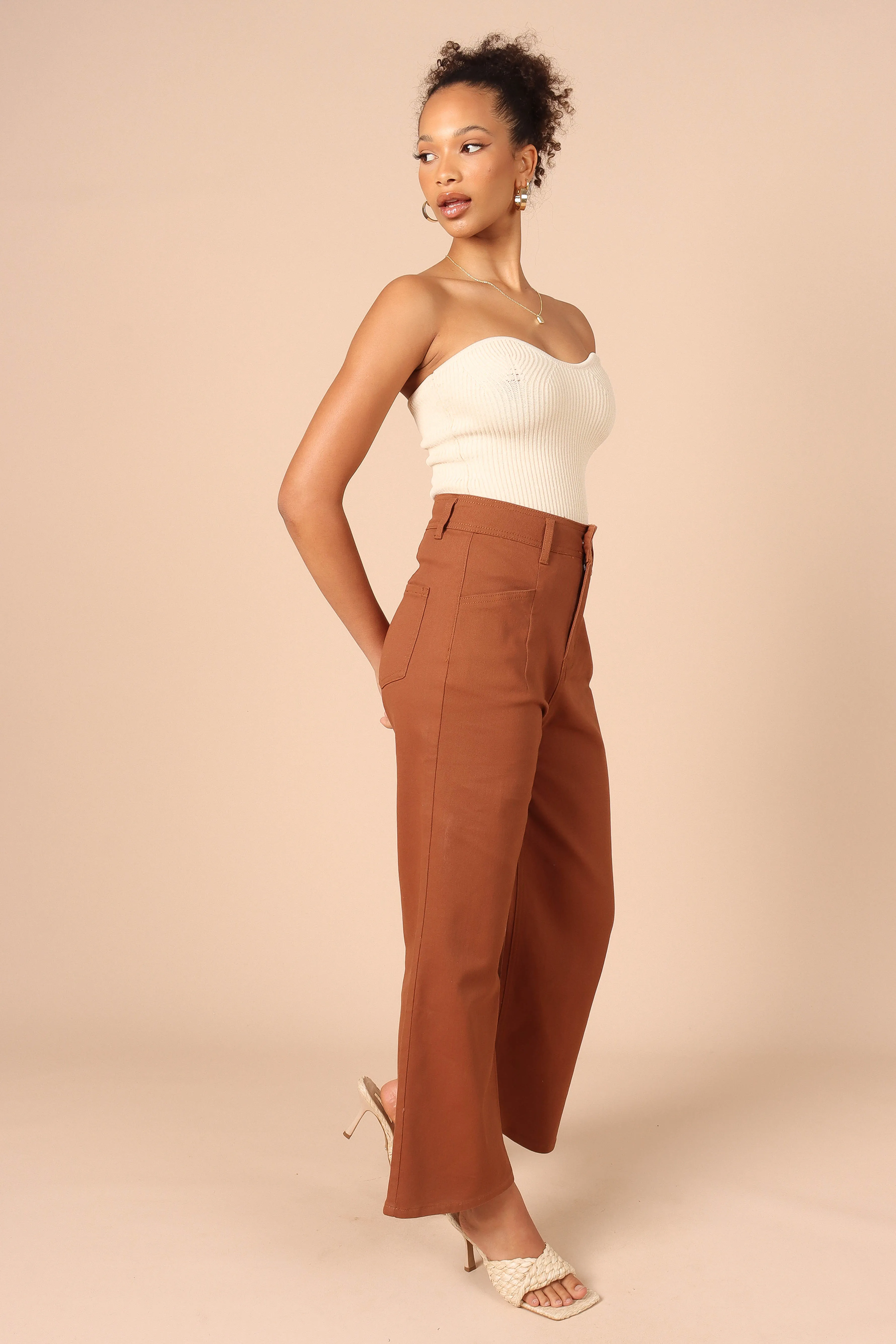 Georgette High Waisted Straight Leg Pants - Brown