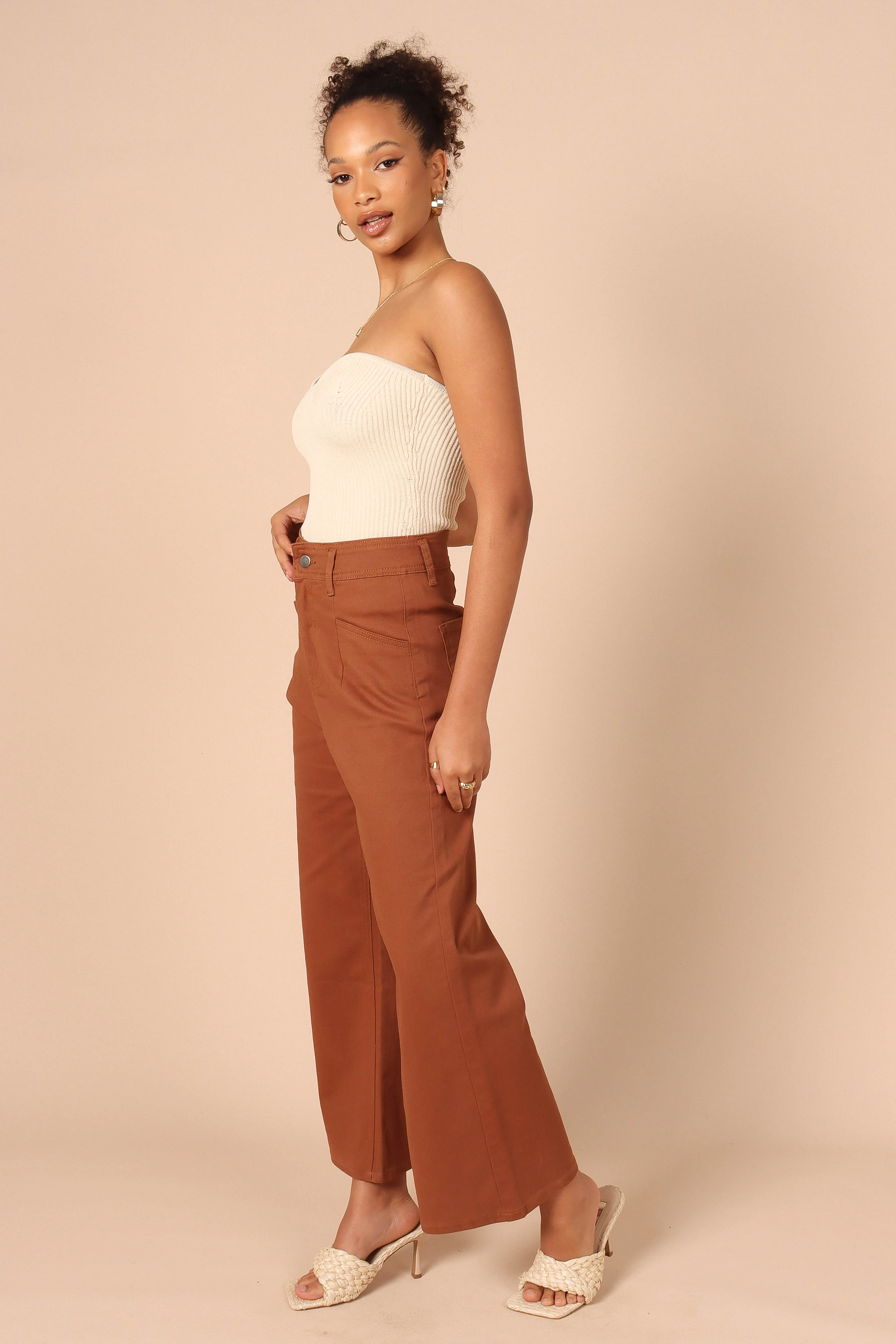 Georgette High Waisted Straight Leg Pants - Brown