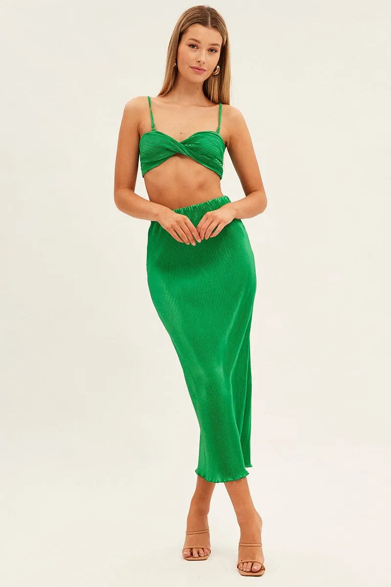 Green Plisse Skirt Maxi High Rise