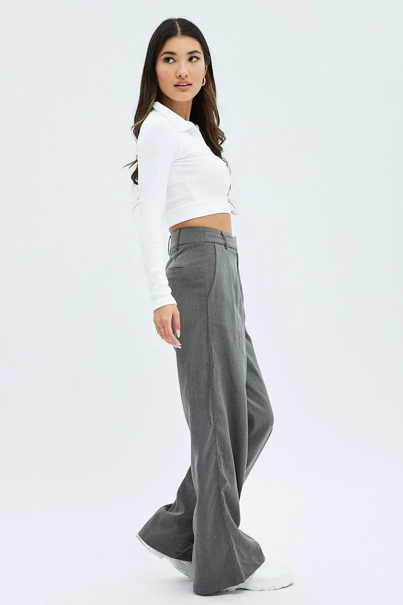 Grey Wide Leg Pants Low Rise