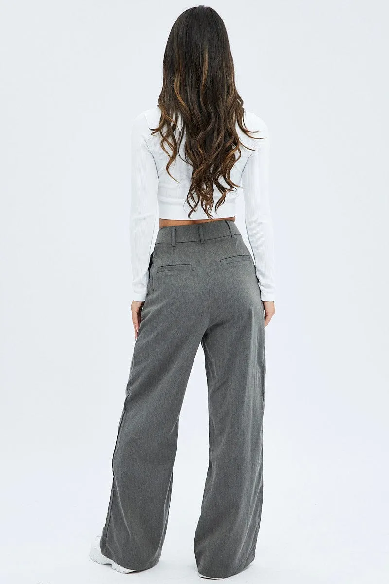 Grey Wide Leg Pants Low Rise
