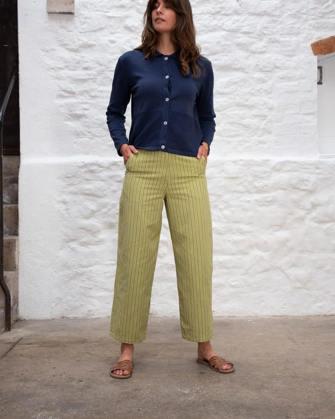 Harper Women's Cotton & Linen Wide Leg Trousers | Avocado Stripe