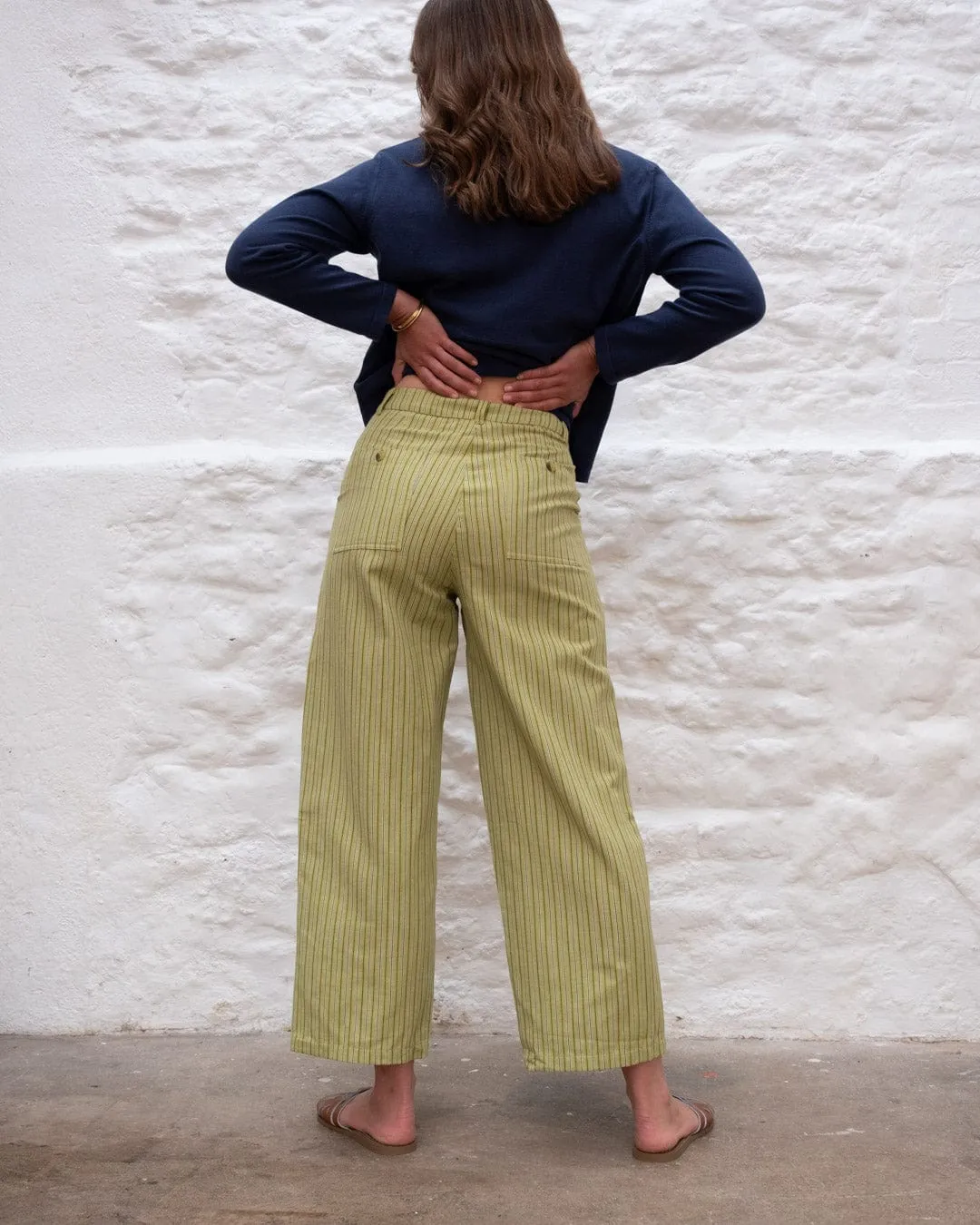 Harper Women's Cotton & Linen Wide Leg Trousers | Avocado Stripe