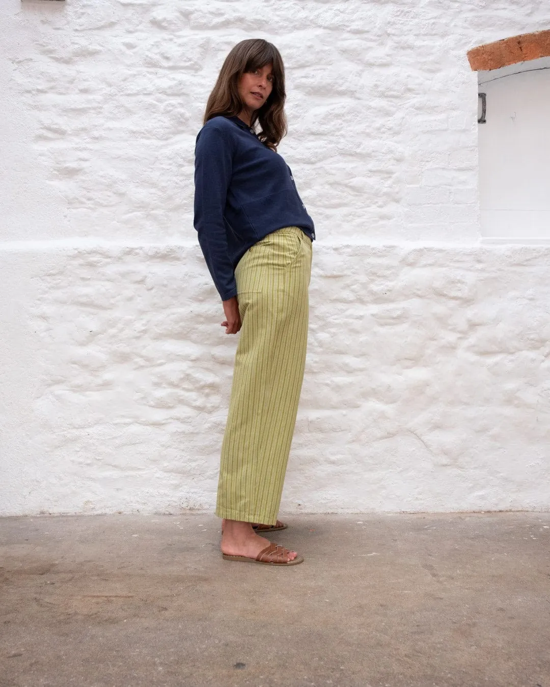 Harper Women's Cotton & Linen Wide Leg Trousers | Avocado Stripe