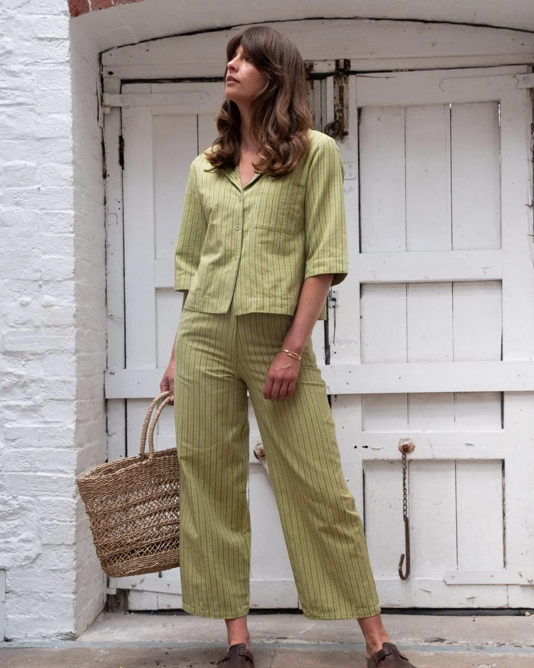 Harper Women's Cotton & Linen Wide Leg Trousers | Avocado Stripe