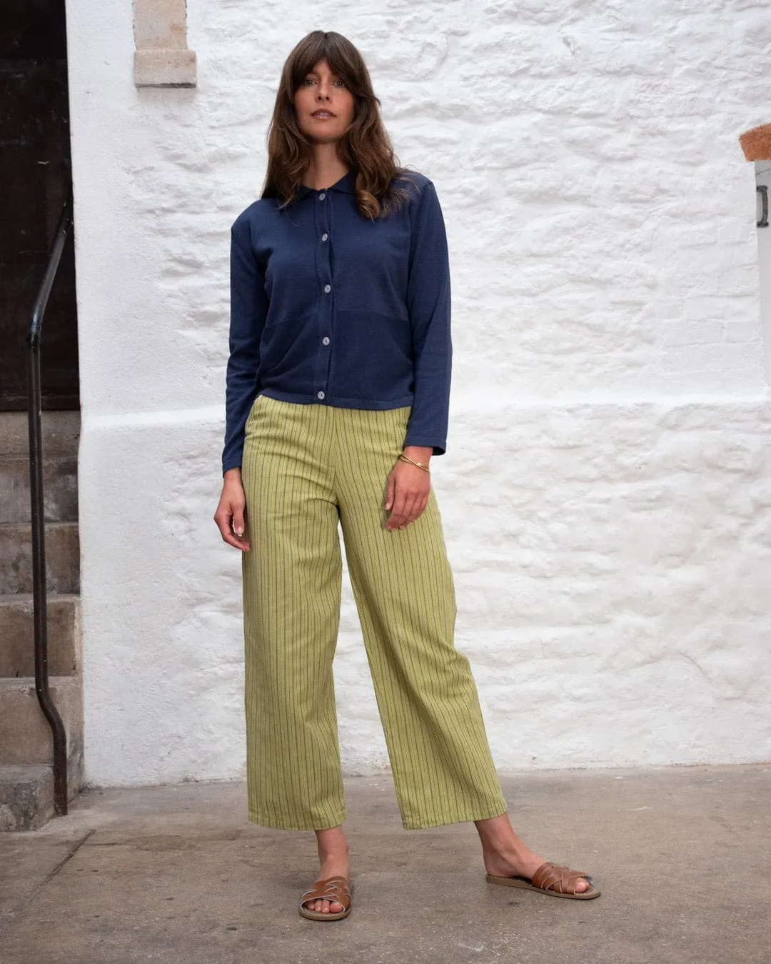 Harper Women's Cotton & Linen Wide Leg Trousers | Avocado Stripe