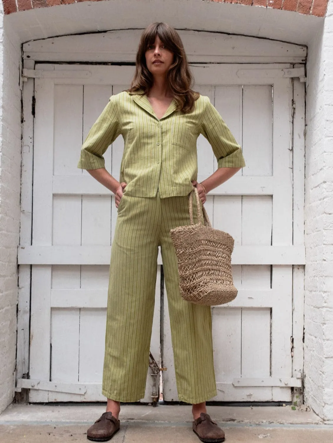 Harper Women's Cotton & Linen Wide Leg Trousers | Avocado Stripe