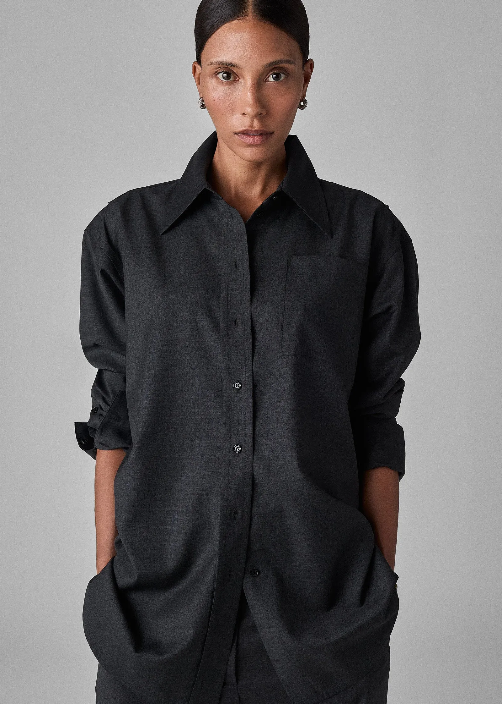 Melange Button Down Shirt in Merino Wool - Grey