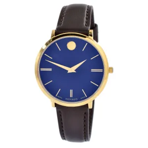 Movado 0607092 Women's Ultra Slim Swiss Yellow Gold Steel Chocolate Brown Strap Blue Dial Watch