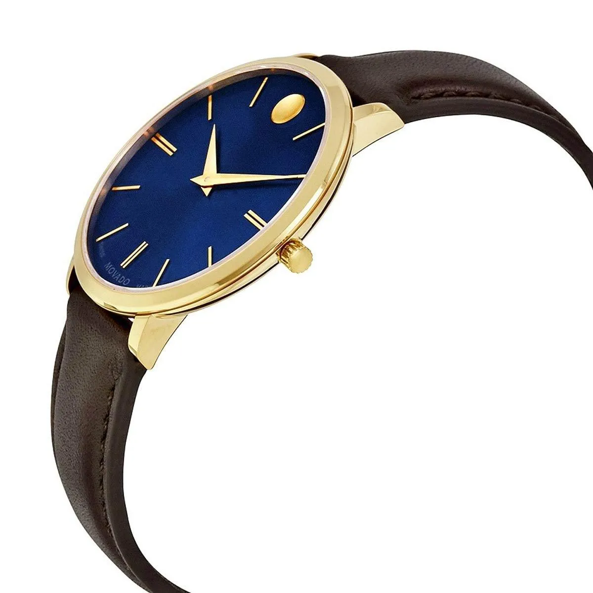 Movado 0607092 Women's Ultra Slim Swiss Yellow Gold Steel Chocolate Brown Strap Blue Dial Watch