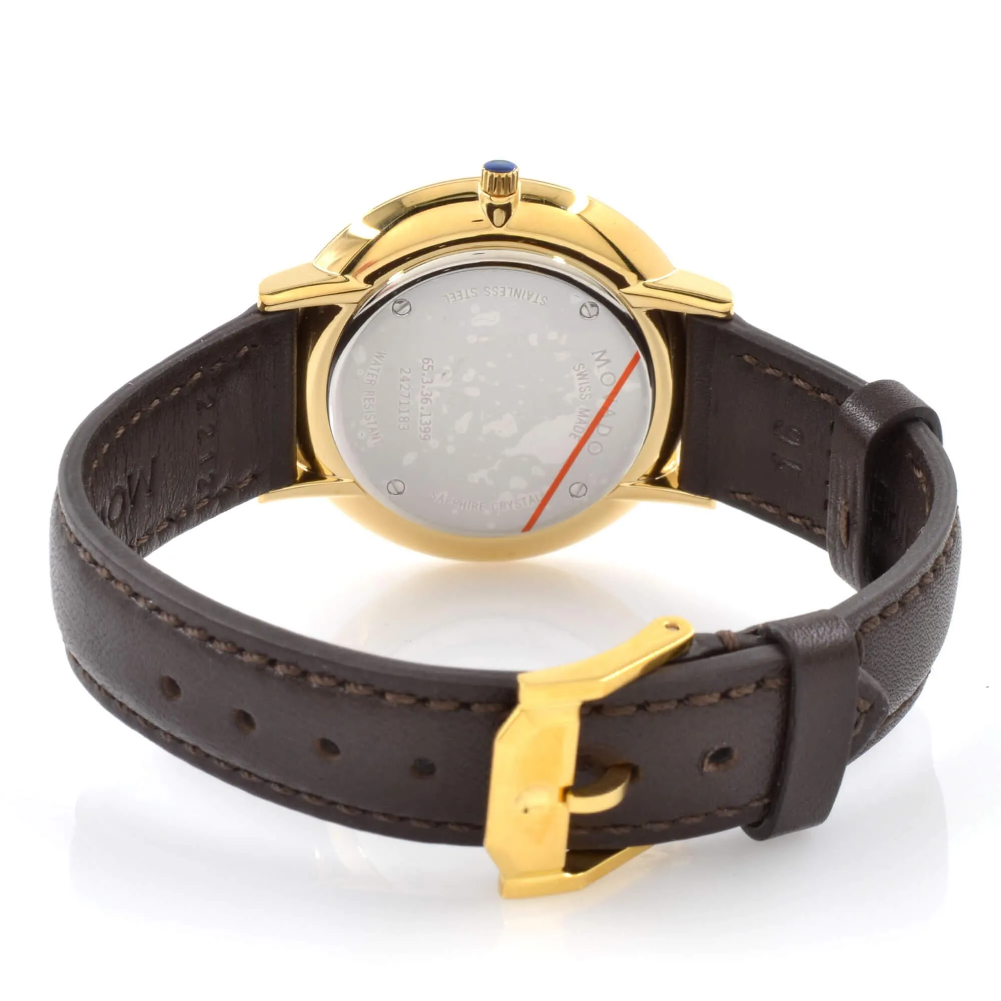 Movado 0607092 Women's Ultra Slim Swiss Yellow Gold Steel Chocolate Brown Strap Blue Dial Watch