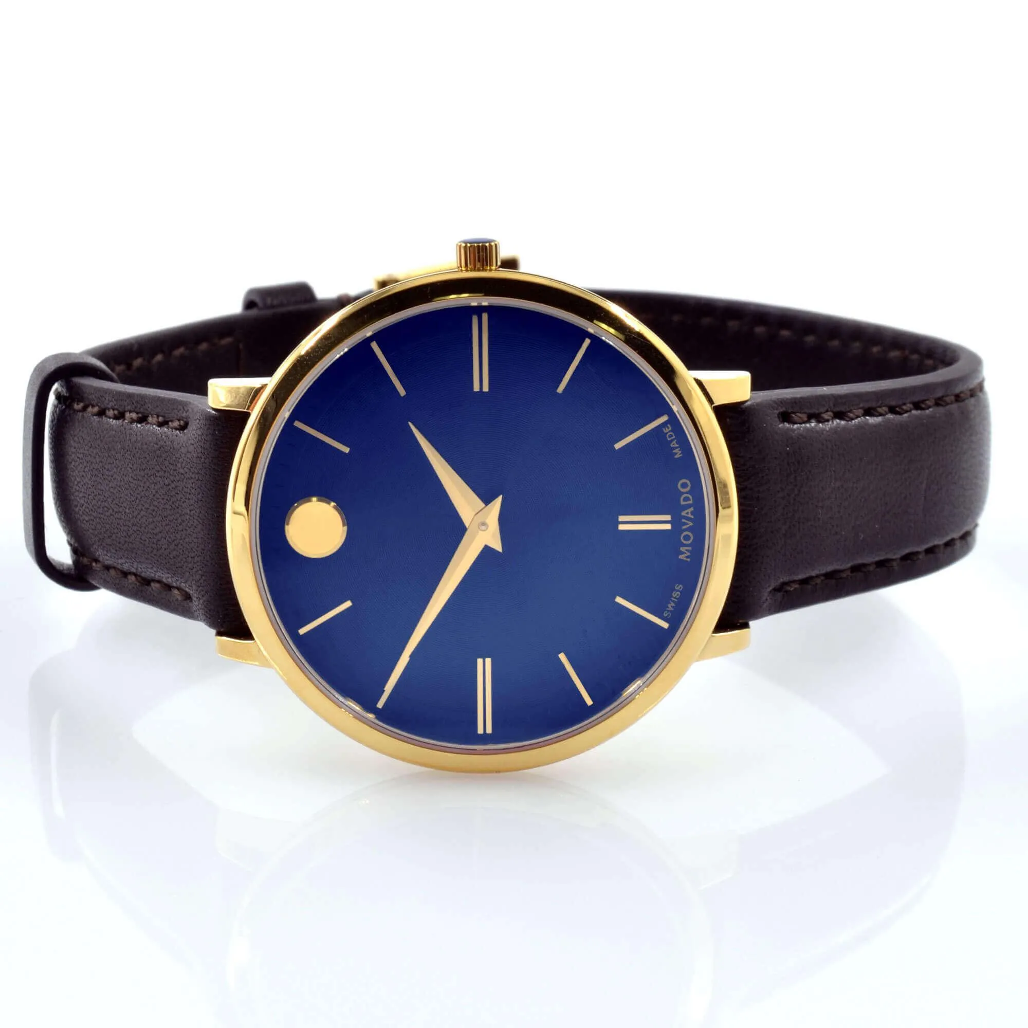 Movado 0607092 Women's Ultra Slim Swiss Yellow Gold Steel Chocolate Brown Strap Blue Dial Watch