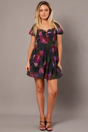 Multi Floral Fit And Flare Dress Puff Sleeve