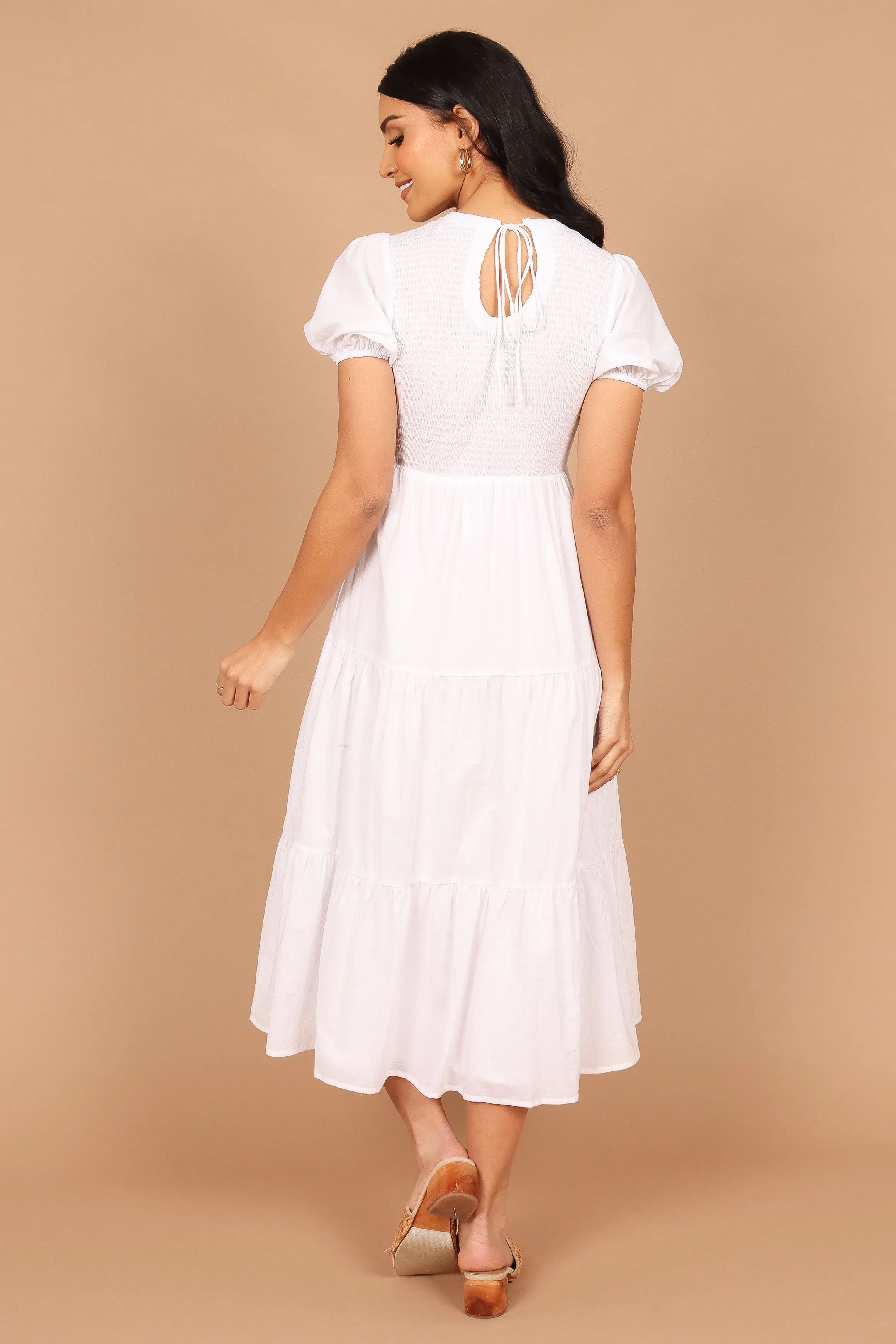 Naura Shirred Tiered Midi Dress - White