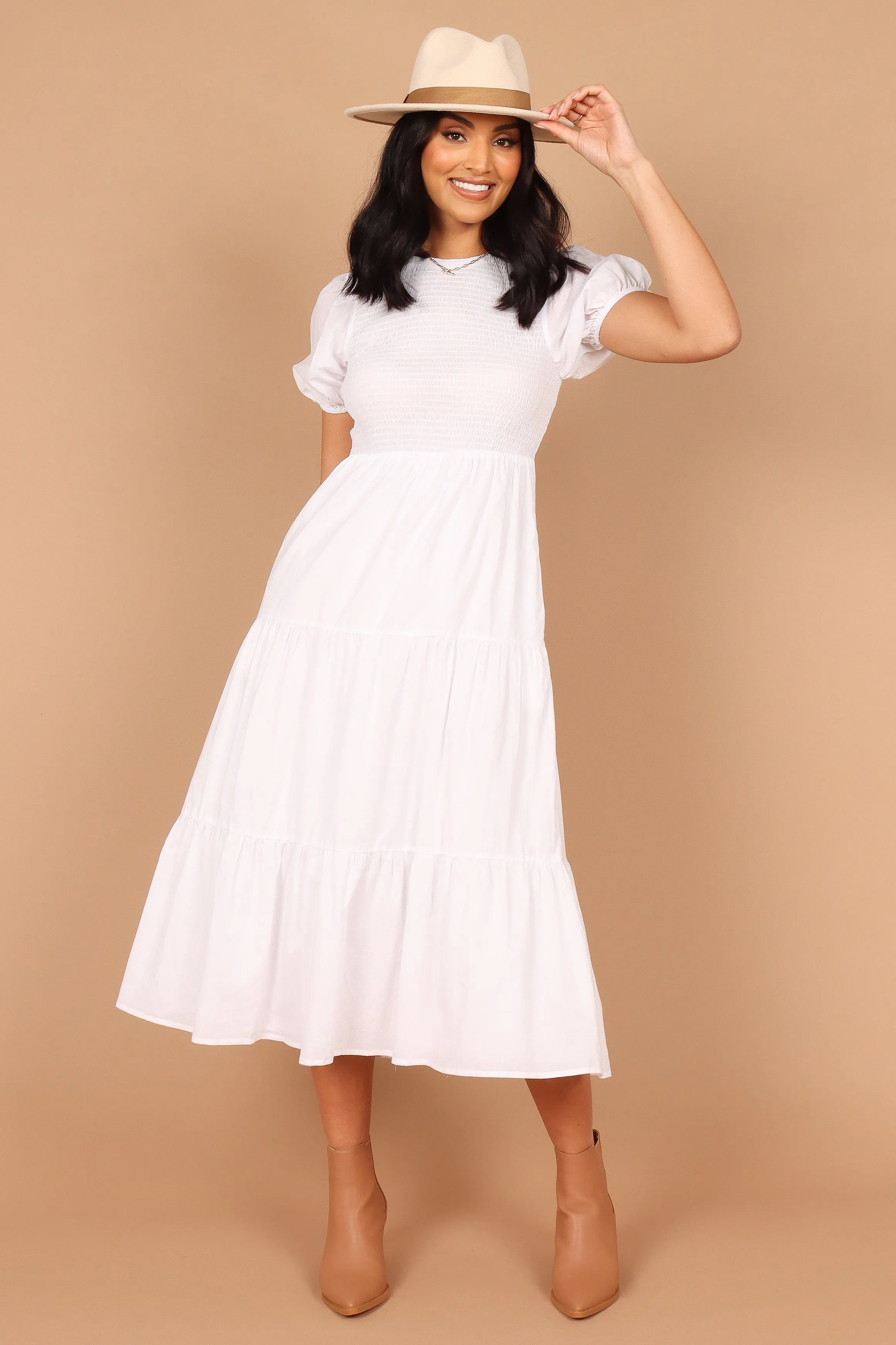 Naura Shirred Tiered Midi Dress - White