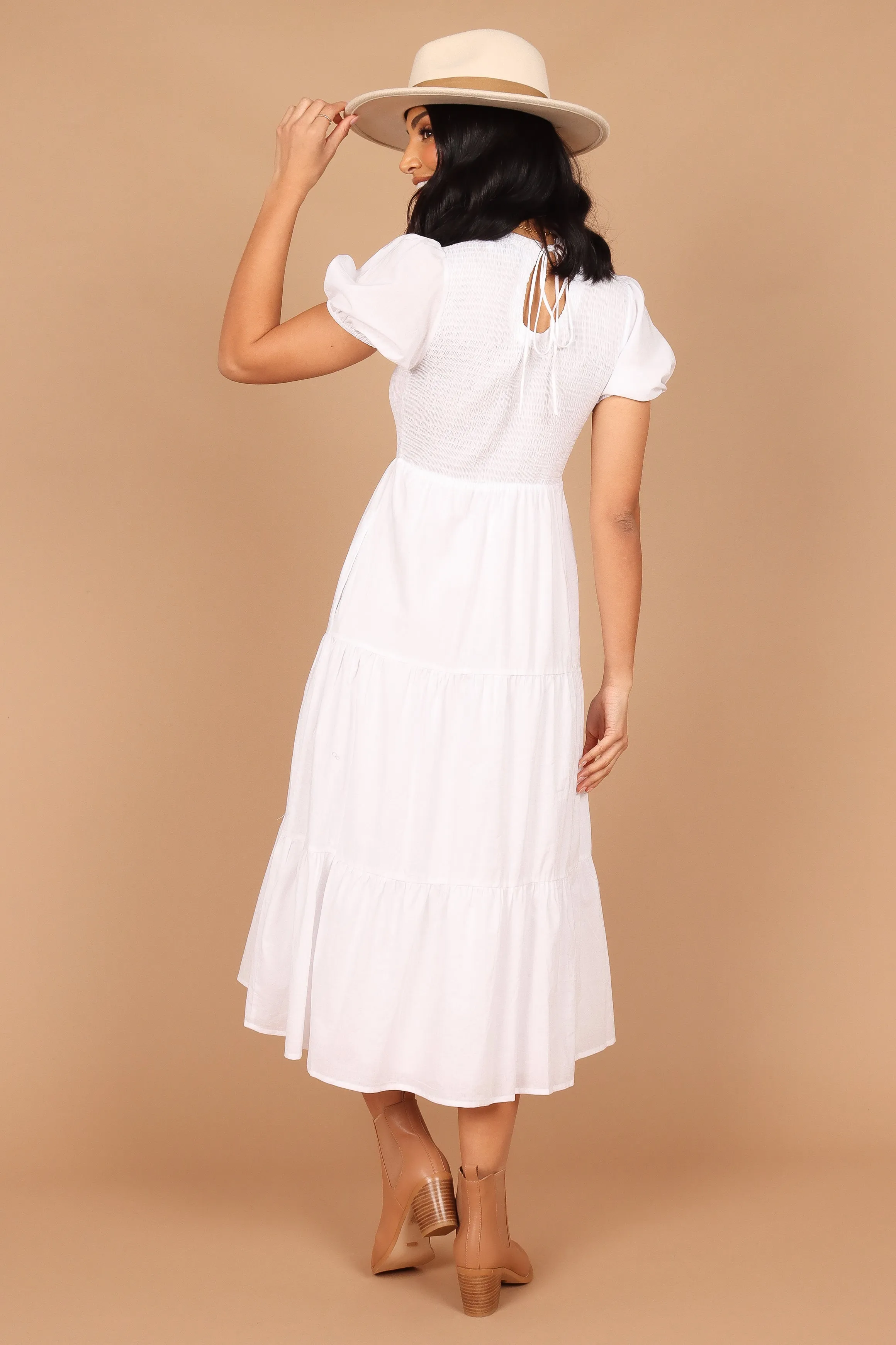 Naura Shirred Tiered Midi Dress - White