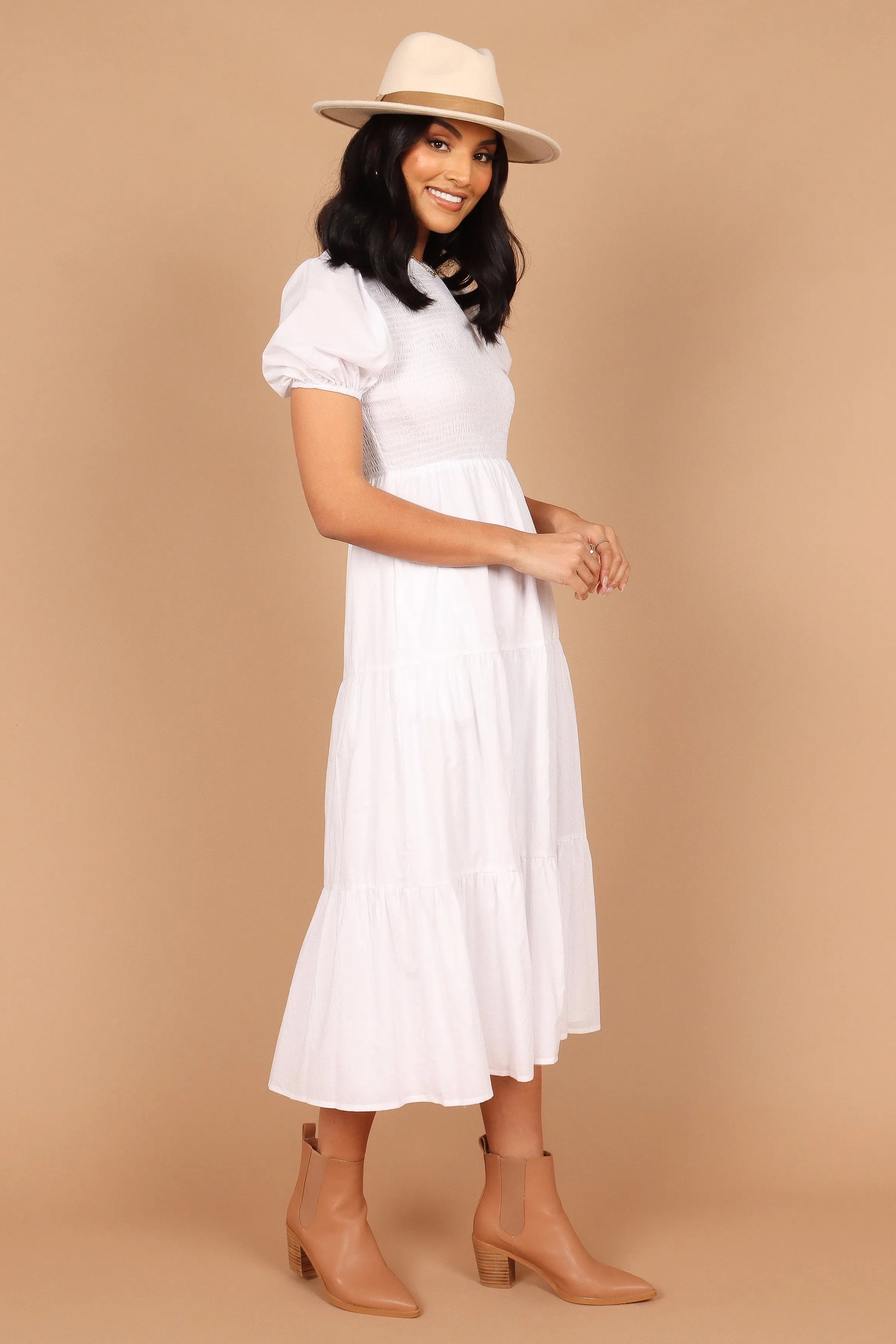 Naura Shirred Tiered Midi Dress - White